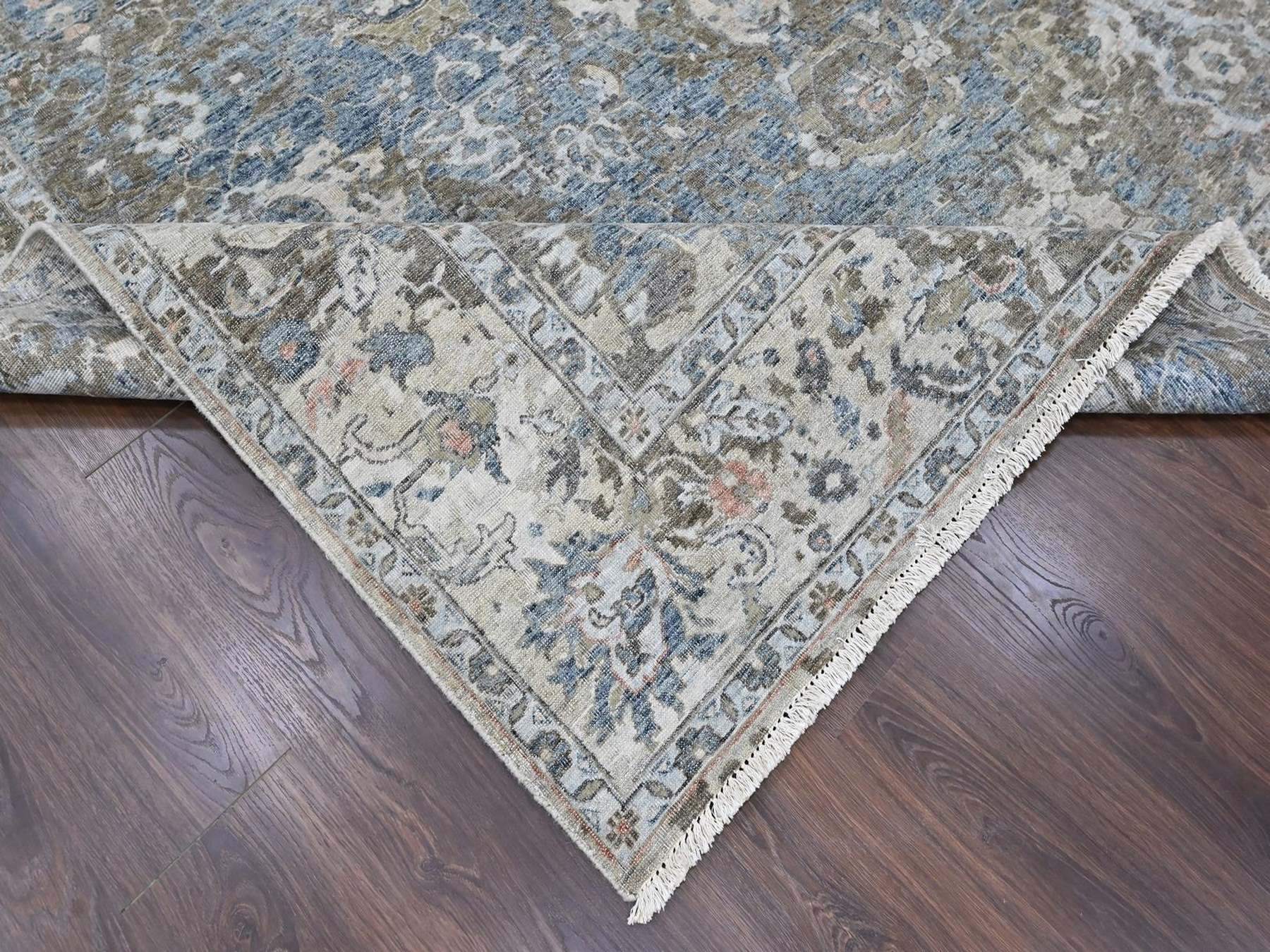 8'4"x11'4" Aegean Blue, Broken and Erased Persian Design, Zero Pile, Distressed, Sheared Low, Vegetable Dyes, Hand Knotted, 100% Wool, Oriental Rug HR10533 - Image 6