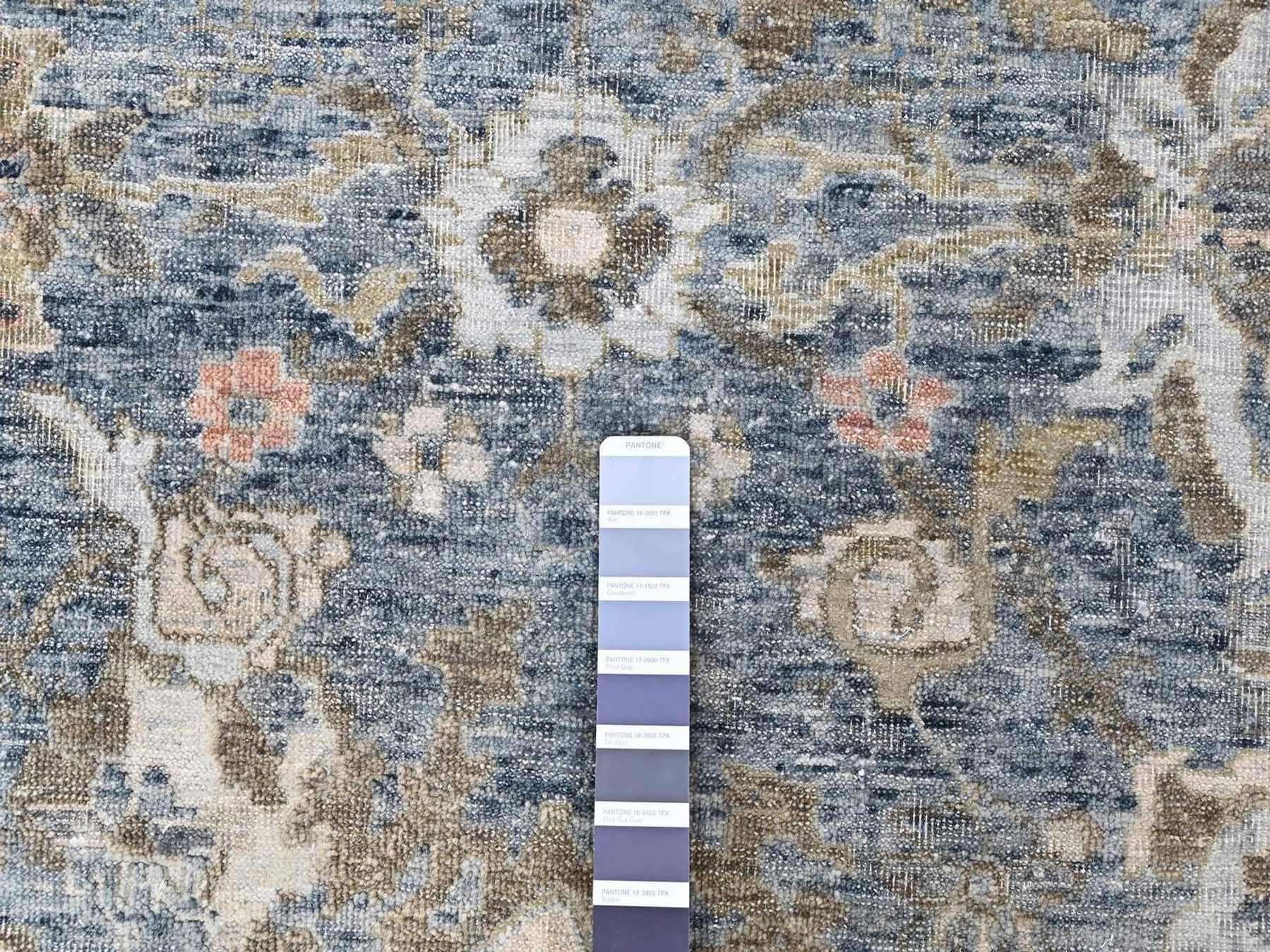 8'4"x11'4" Aegean Blue, Broken and Erased Persian Design, Zero Pile, Distressed, Sheared Low, Vegetable Dyes, Hand Knotted, 100% Wool, Oriental Rug HR10533 - Image 7