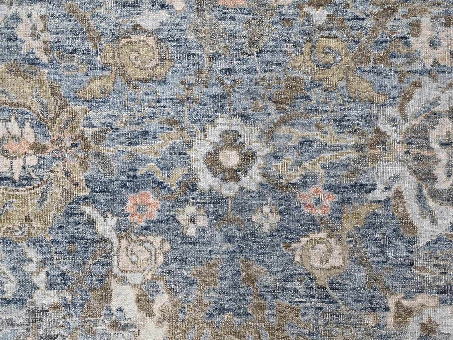 8'4"x11'4" Aegean Blue, Broken and Erased Persian Design, Zero Pile, Distressed, Sheared Low, Vegetable Dyes, Hand Knotted, 100% Wool, Oriental Rug HR10533 - Image 8