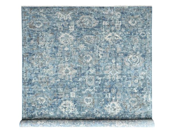 9'10"x13'10" Shades of Blue, Broken and Erased Persian Design, Densely Woven, Zero Pile, Distressed, Shaved Low, Vegetable Dyes, Hand Knotted, 100% Wool, Oriental Rug HR10538