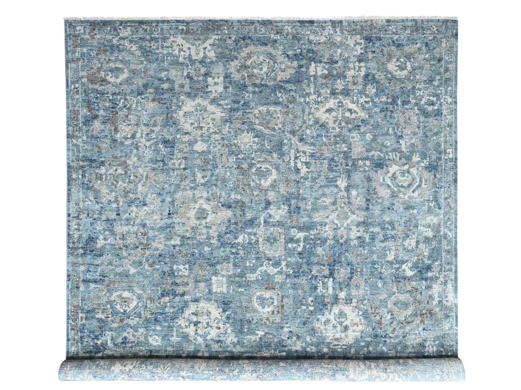 9'10"x13'10" Shades of Blue, Broken and Erased Persian Design, Densely Woven, Zero Pile, Distressed, Shaved Low, Vegetable Dyes, Hand Knotted, 100% Wool, Oriental Rug HR10538