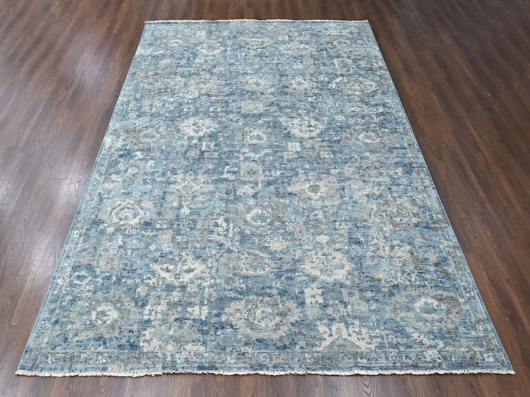 9'10"x13'10" Shades of Blue, Broken and Erased Persian Design, Densely Woven, Zero Pile, Distressed, Shaved Low, Vegetable Dyes, Hand Knotted, 100% Wool, Oriental Rug HR10538 - Image 2