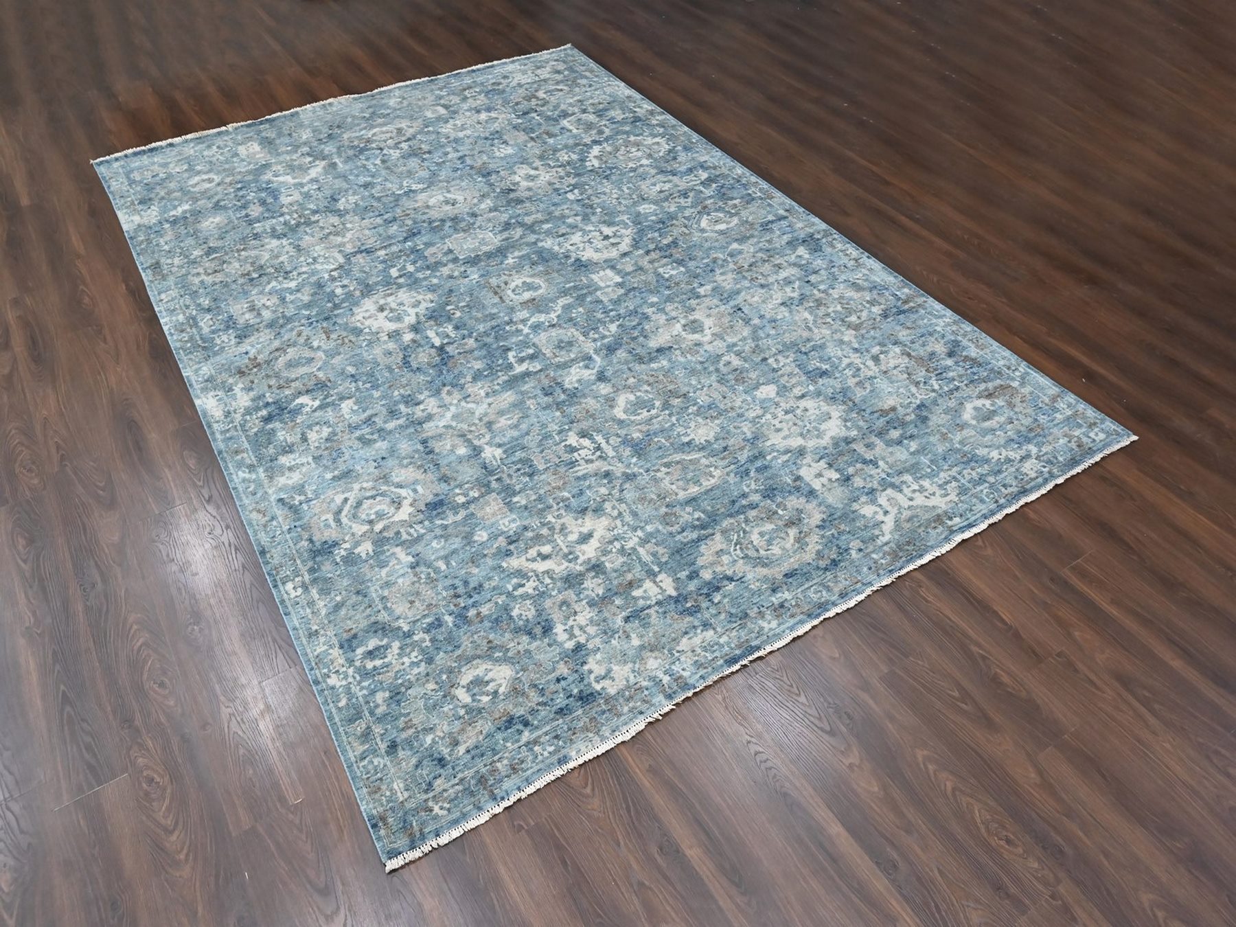 9'10"x13'10" Shades of Blue, Broken and Erased Persian Design, Densely Woven, Zero Pile, Distressed, Shaved Low, Vegetable Dyes, Hand Knotted, 100% Wool, Oriental Rug HR10538 - Image 3