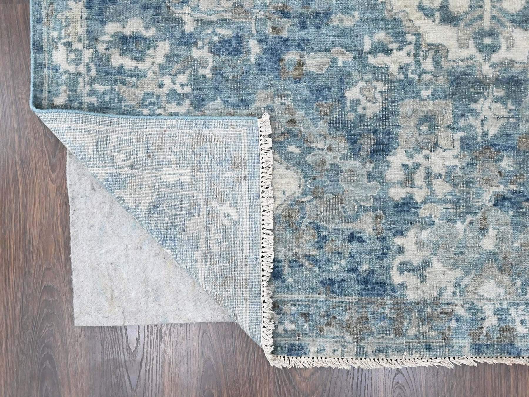 9'10"x13'10" Shades of Blue, Broken and Erased Persian Design, Densely Woven, Zero Pile, Distressed, Shaved Low, Vegetable Dyes, Hand Knotted, 100% Wool, Oriental Rug HR10538 - Image 4
