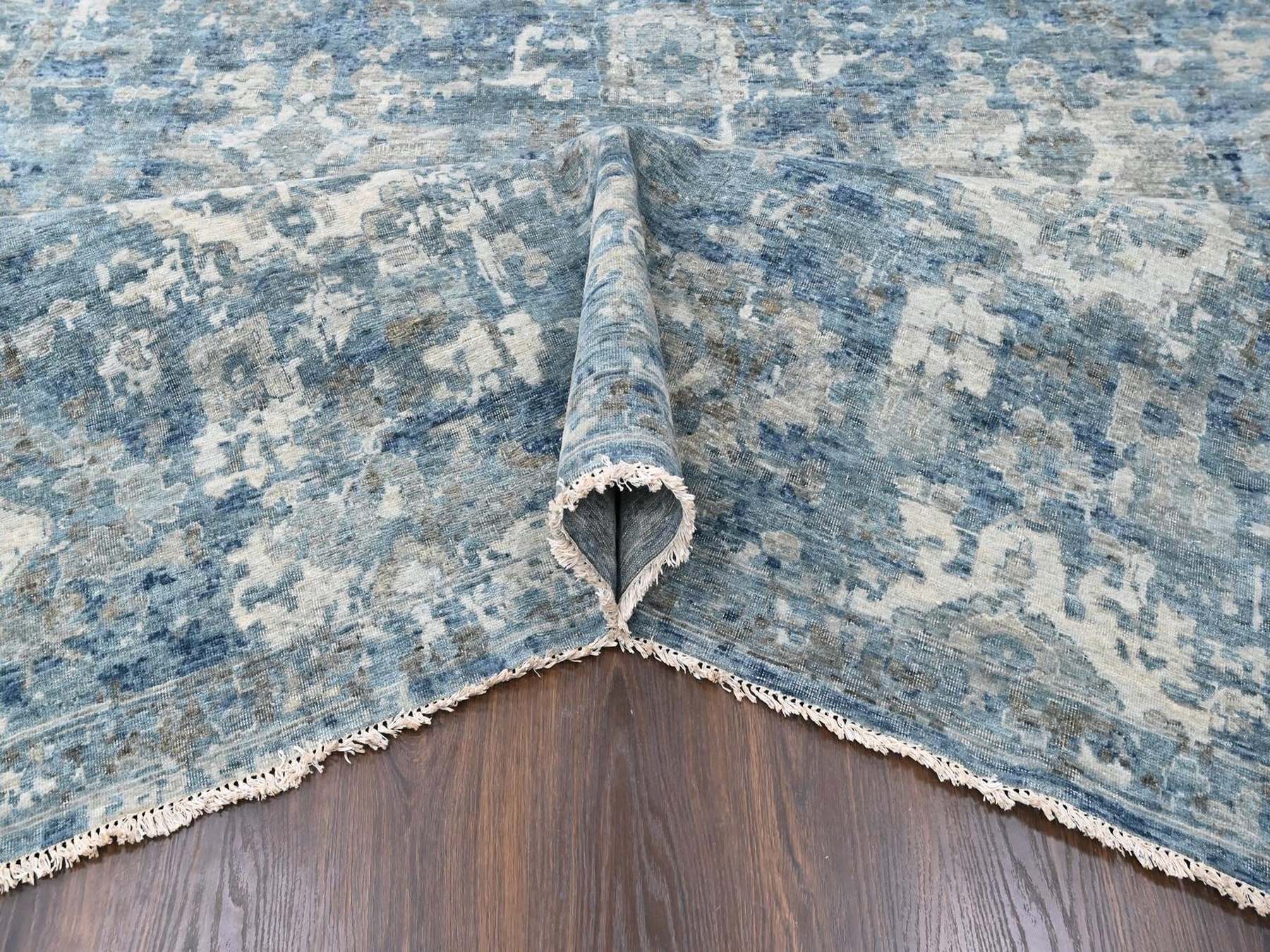 9'10"x13'10" Shades of Blue, Broken and Erased Persian Design, Densely Woven, Zero Pile, Distressed, Shaved Low, Vegetable Dyes, Hand Knotted, 100% Wool, Oriental Rug HR10538 - Image 5