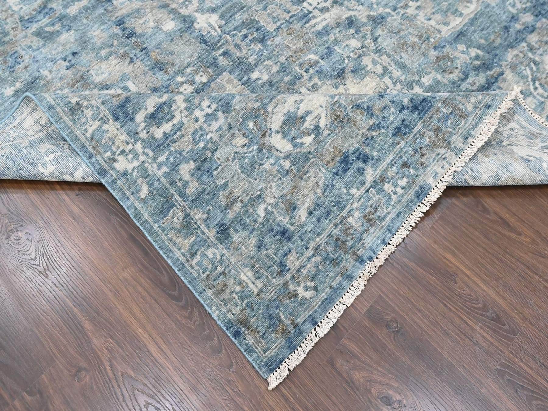 9'10"x13'10" Shades of Blue, Broken and Erased Persian Design, Densely Woven, Zero Pile, Distressed, Shaved Low, Vegetable Dyes, Hand Knotted, 100% Wool, Oriental Rug HR10538 - Image 6