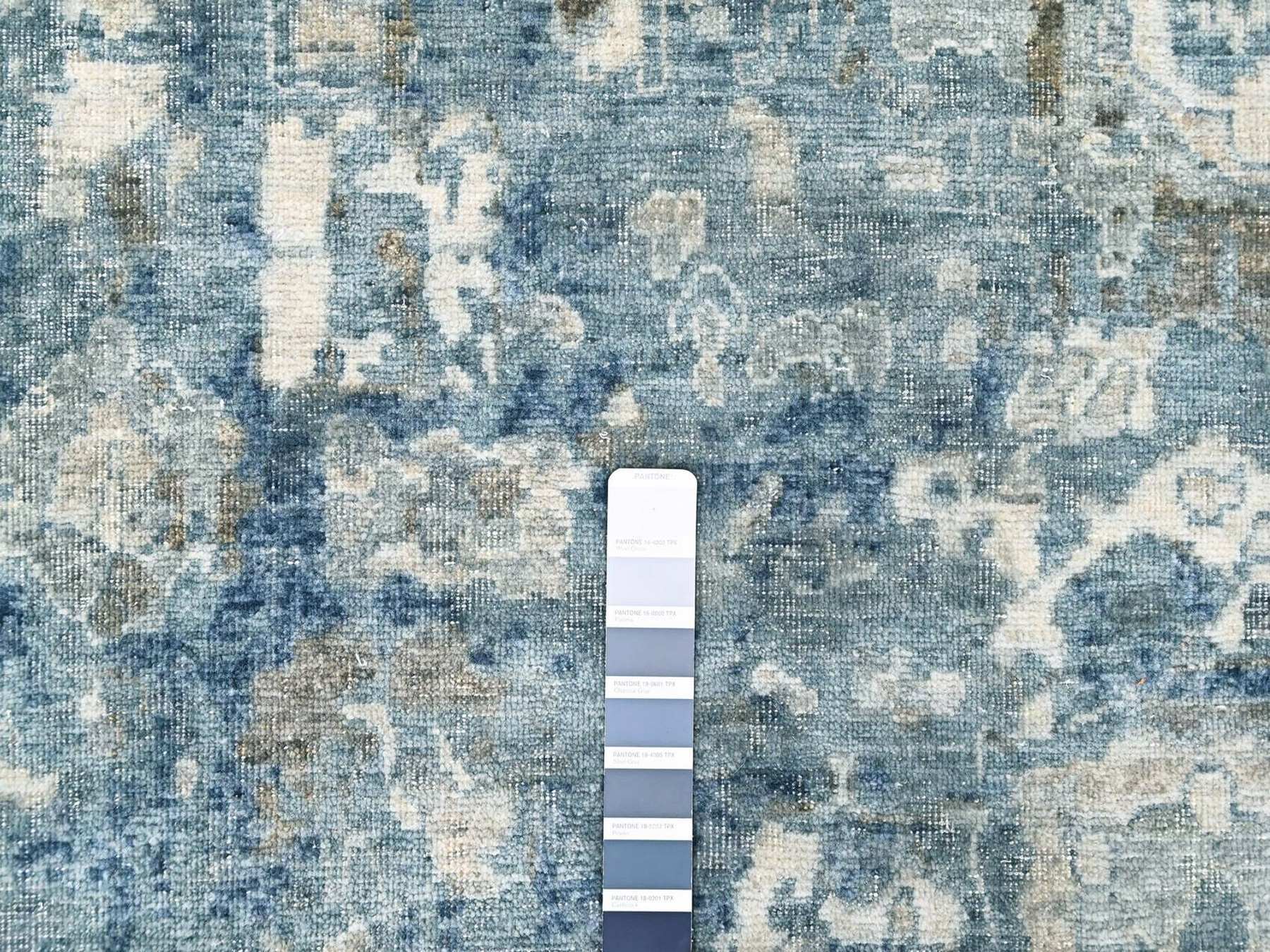 9'10"x13'10" Shades of Blue, Broken and Erased Persian Design, Densely Woven, Zero Pile, Distressed, Shaved Low, Vegetable Dyes, Hand Knotted, 100% Wool, Oriental Rug HR10538 - Image 7