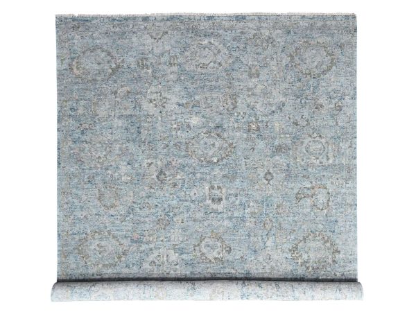10'x14' Cloud Gray, Broken and Erased Persian Design, Hand Knotted, Zero Pile, Distressed, Sheared Low, Vegetable Dyes, 100% Wool, Oriental Rug HR10540
