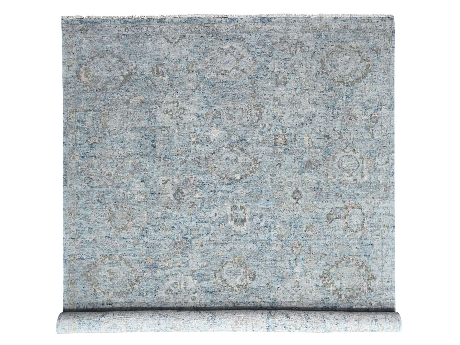 10'x14' Cloud Gray, Broken and Erased Persian Design, Hand Knotted, Zero Pile, Distressed, Sheared Low, Vegetable Dyes, 100% Wool, Oriental Rug HR10540