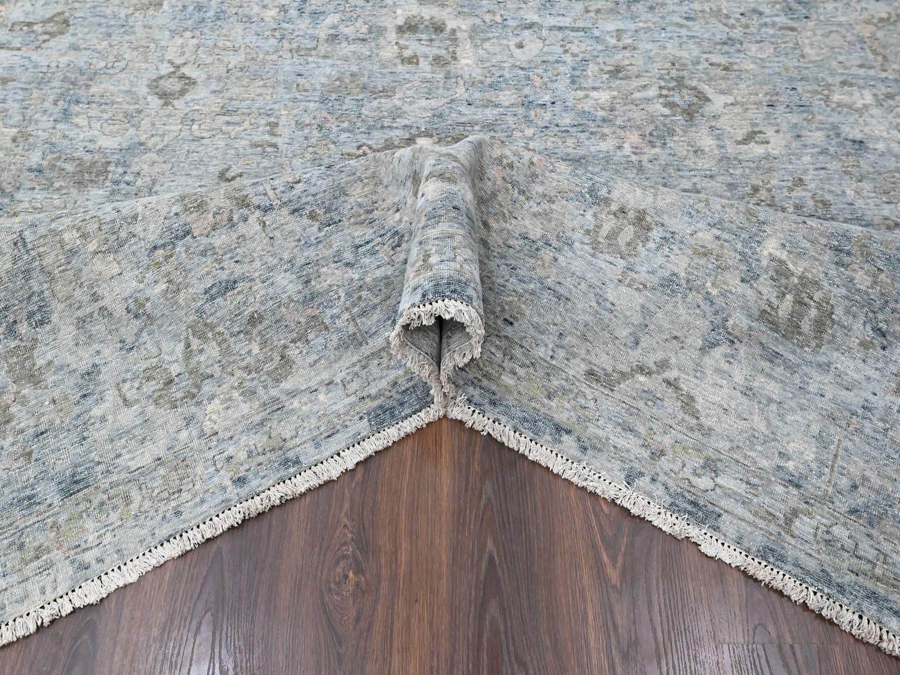 10'x14' Cloud Gray, Broken and Erased Persian Design, Hand Knotted, Zero Pile, Distressed, Sheared Low, Vegetable Dyes, 100% Wool, Oriental Rug HR10540 - Image 5