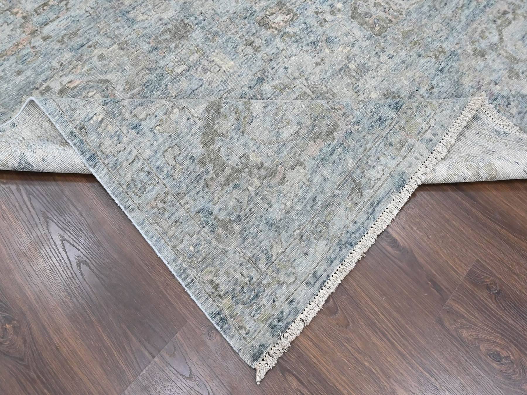 10'x14' Cloud Gray, Broken and Erased Persian Design, Hand Knotted, Zero Pile, Distressed, Sheared Low, Vegetable Dyes, 100% Wool, Oriental Rug HR10540 - Image 6
