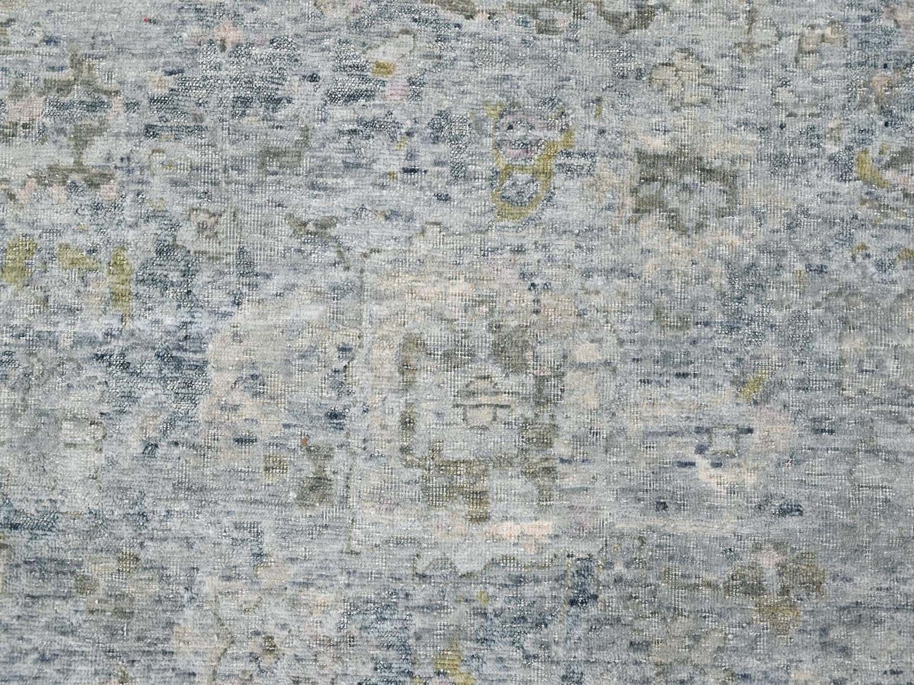 10'x14' Cloud Gray, Broken and Erased Persian Design, Hand Knotted, Zero Pile, Distressed, Sheared Low, Vegetable Dyes, 100% Wool, Oriental Rug HR10540 - Image 8