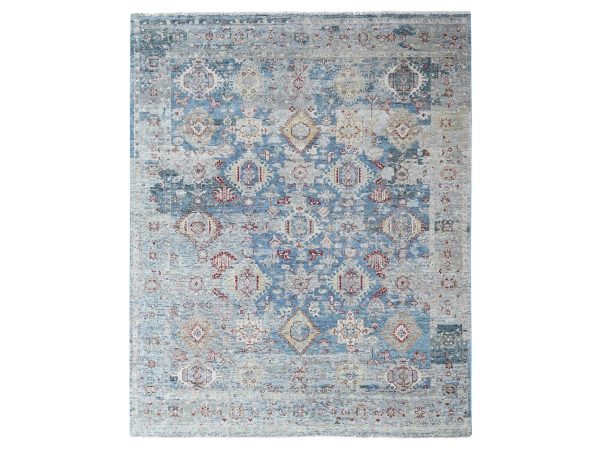 7'10"x9'10" Aegean Blue, Broken and Erased Persian Karajeh Design, Vegetable Dyes, Zero Pile, Distressed, Sheared Low, Hand Knotted, 100% Wool, Oriental Rug HR10543