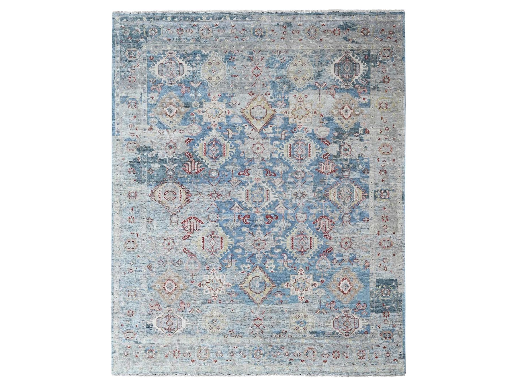 7'10"x9'10" Aegean Blue, Broken and Erased Persian Karajeh Design, Vegetable Dyes, Zero Pile, Distressed, Sheared Low, Hand Knotted, 100% Wool, Oriental Rug HR10543