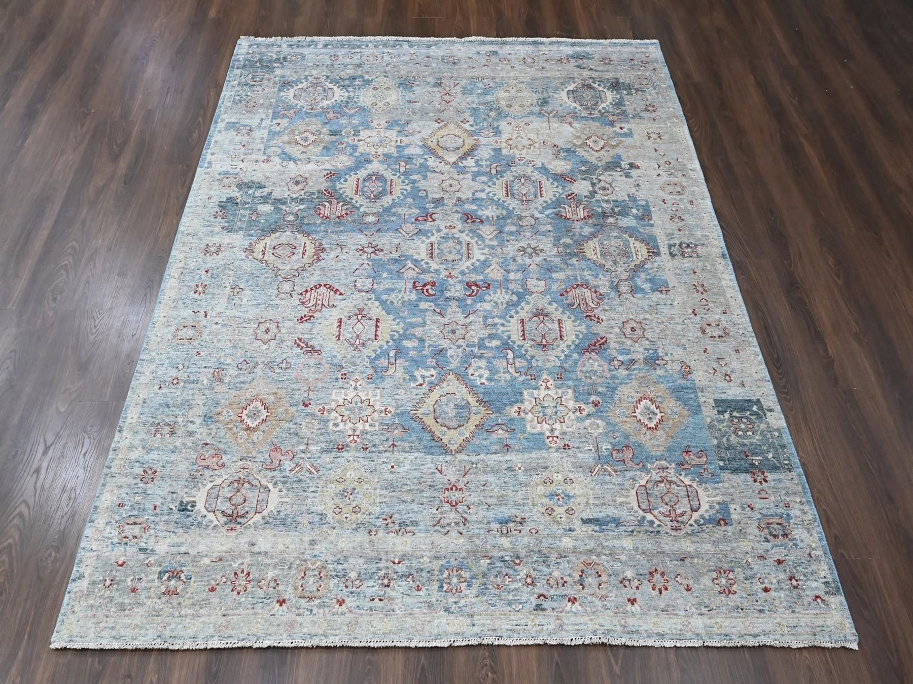 7'10"x9'10" Aegean Blue, Broken and Erased Persian Karajeh Design, Vegetable Dyes, Zero Pile, Distressed, Sheared Low, Hand Knotted, 100% Wool, Oriental Rug HR10543 - Image 2