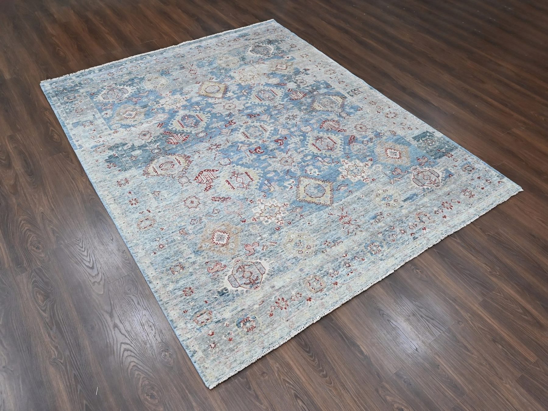 7'10"x9'10" Aegean Blue, Broken and Erased Persian Karajeh Design, Vegetable Dyes, Zero Pile, Distressed, Sheared Low, Hand Knotted, 100% Wool, Oriental Rug HR10543 - Image 3