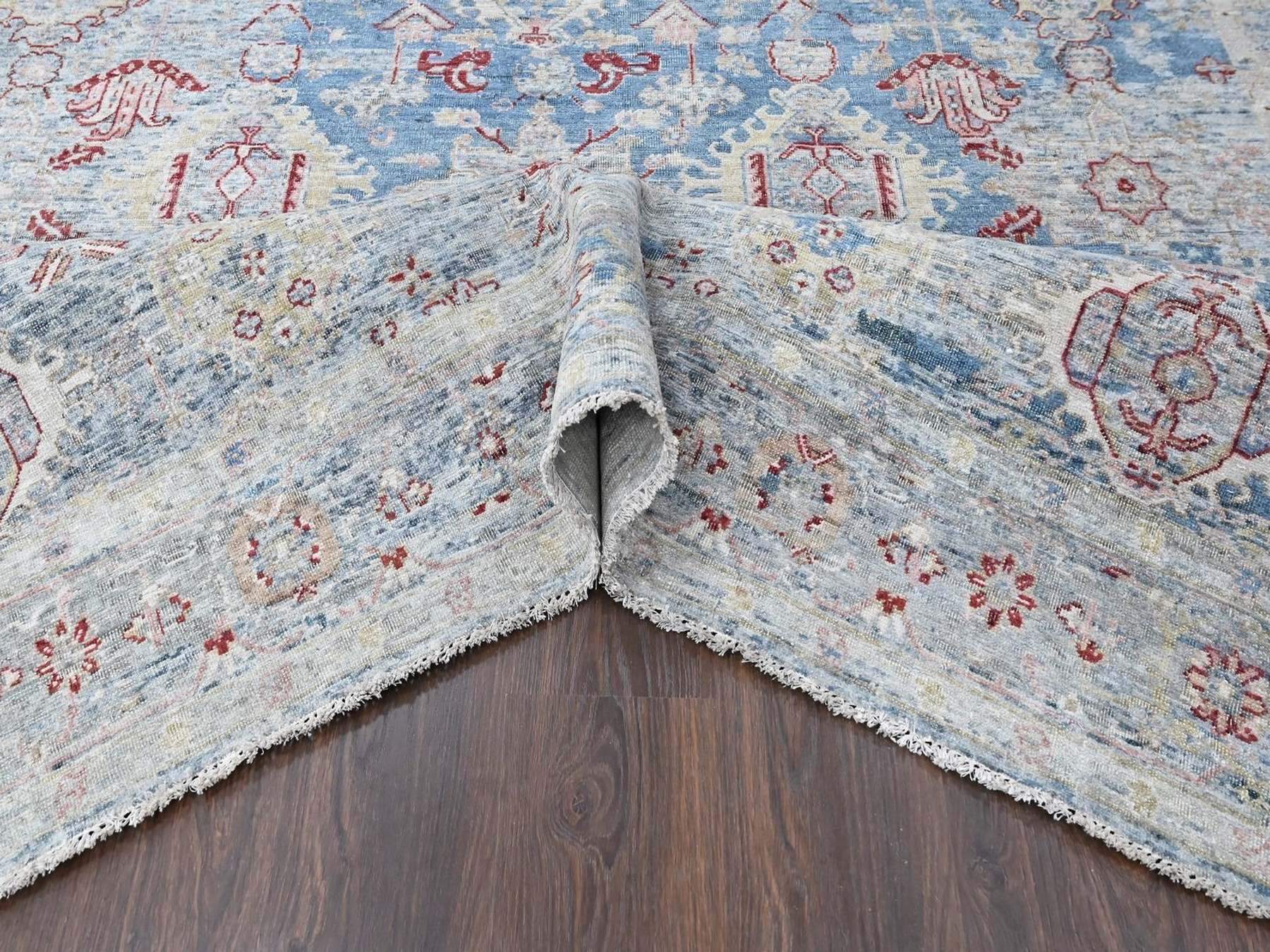 7'10"x9'10" Aegean Blue, Broken and Erased Persian Karajeh Design, Vegetable Dyes, Zero Pile, Distressed, Sheared Low, Hand Knotted, 100% Wool, Oriental Rug HR10543 - Image 5