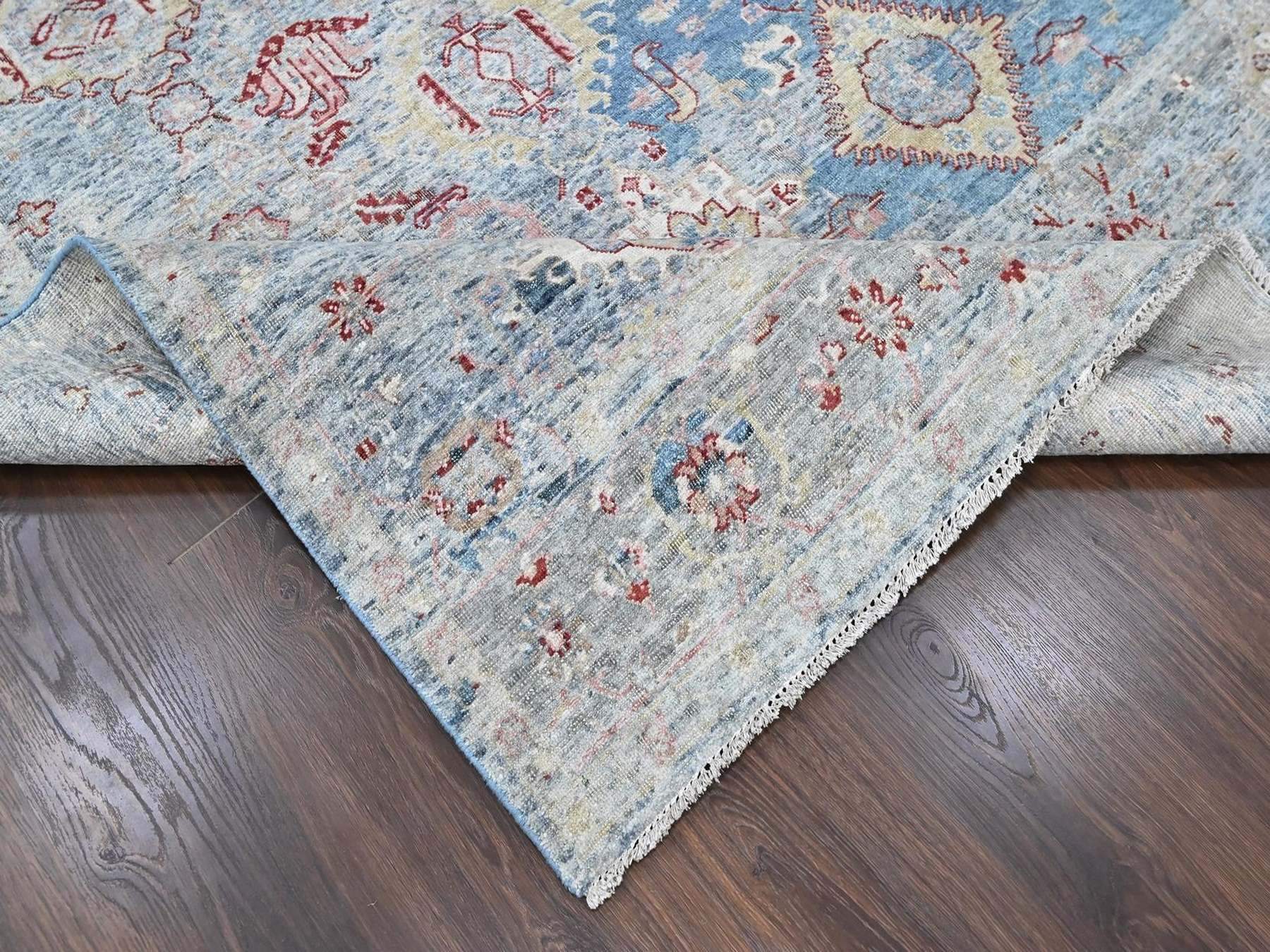 7'10"x9'10" Aegean Blue, Broken and Erased Persian Karajeh Design, Vegetable Dyes, Zero Pile, Distressed, Sheared Low, Hand Knotted, 100% Wool, Oriental Rug HR10543 - Image 6