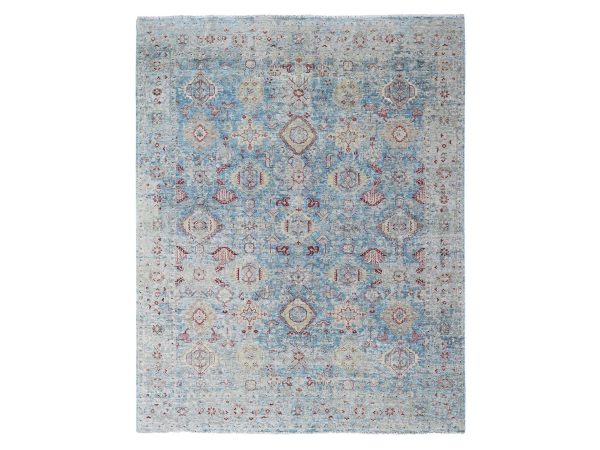 9'x11'10" Aegean Blue, Broken and Erased Persian Karajeh Design, Zero Pile, Distressed, Sheared Low, Vegetable Dyes, Hand Knotted, 100% Wool, Oriental Rug HR10544