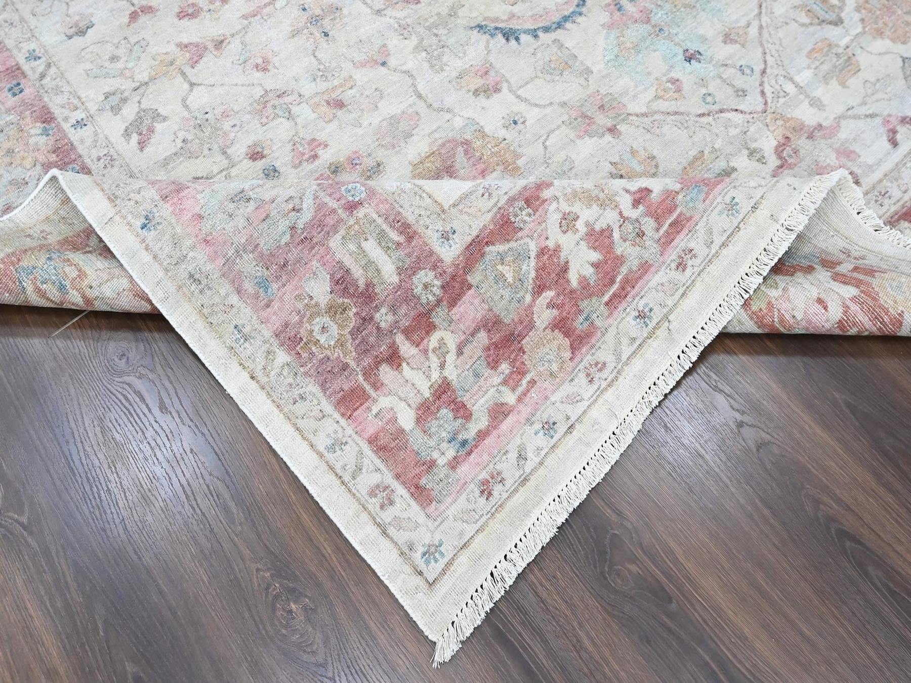 9'x11'10" Beige, Antiqued Persian Heriz All Over Design, Vegetable Dyes, Zero Pile, Distressed, Sheared Low, Hand Knotted, 100% Wool, Oriental Rug HR10545 - Image 6