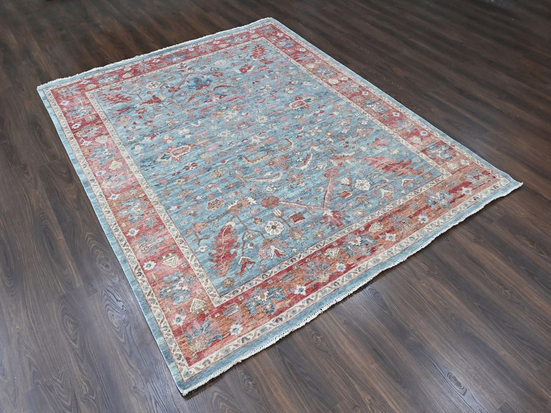 8'x9'10" Stone Blue, Antiqued Persian Heriz All Over Design, Vegetable Dyes, Zero Pile, Distressed, Sheared Low, Hand Knotted, 100% Wool, Oriental Rug HR10546 - Image 3