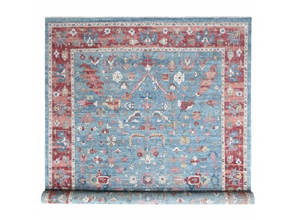 12'x15' Stone Blue, Antiqued Persian Heriz All Over Design, Vegetable Dyes, Zero Pile, Distressed, Sheared Low, Hand Knotted, 100% Wool, Oversized, XL, Oriental Rug HR10549