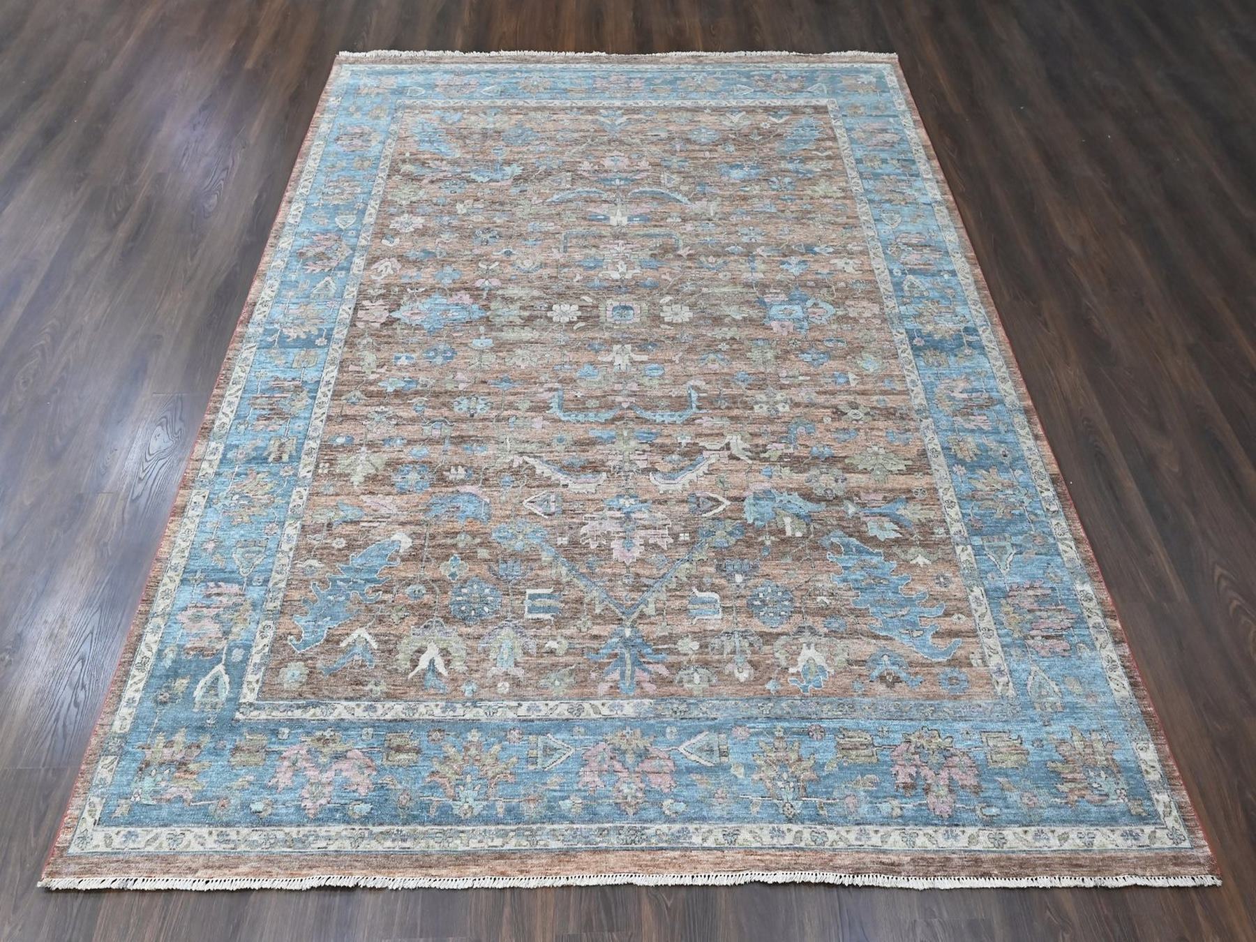 9'x11'9" Mocha Brown, Antiqued Persian Heriz All Over Design, Vegetable Dyes, Distressed, Shaved Low, Zero Pile, Hand Knotted, 100% Wool, Oriental Rug HR10550 - Image 2