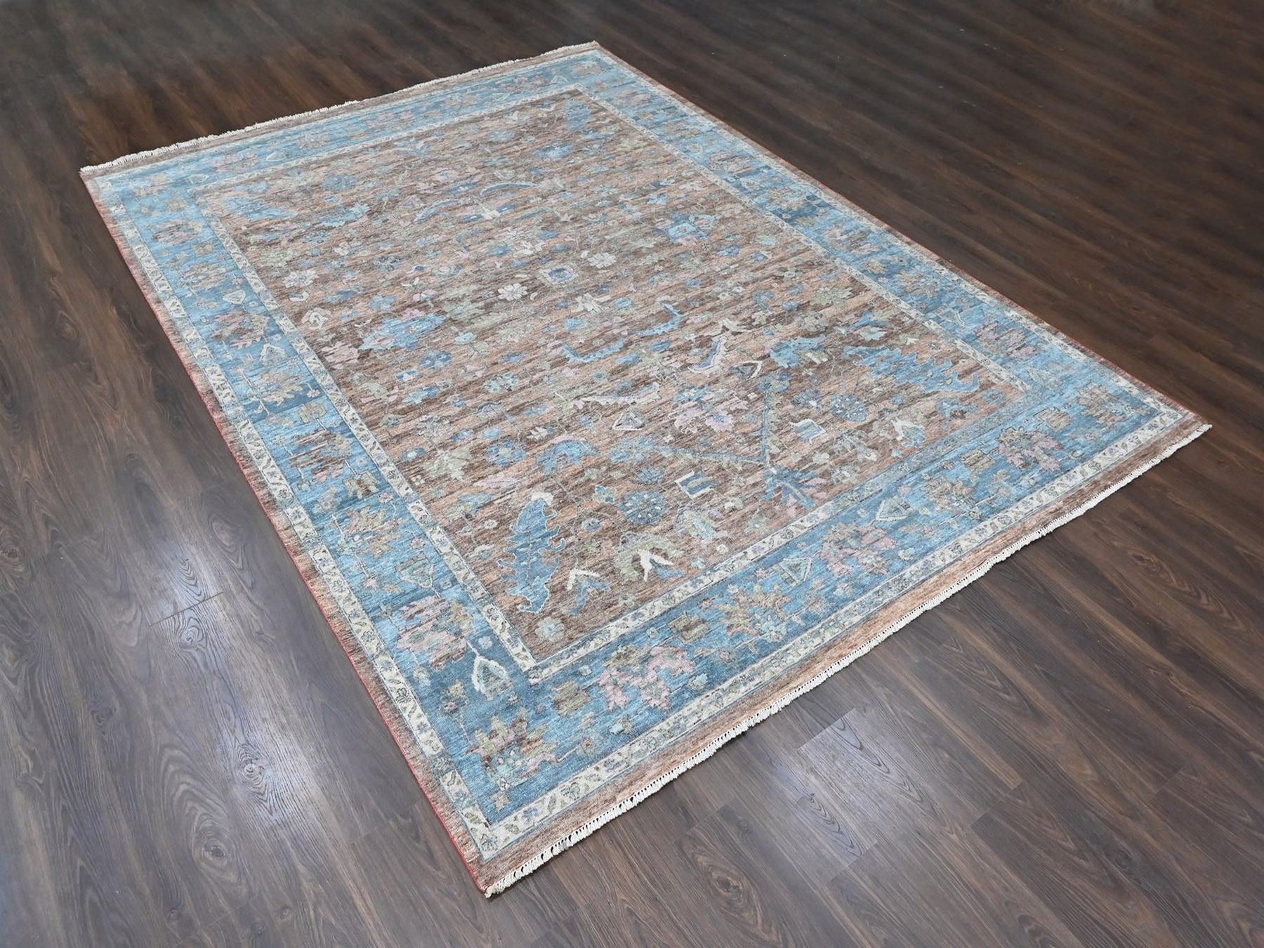 9'x11'9" Mocha Brown, Antiqued Persian Heriz All Over Design, Vegetable Dyes, Distressed, Shaved Low, Zero Pile, Hand Knotted, 100% Wool, Oriental Rug HR10550 - Image 3