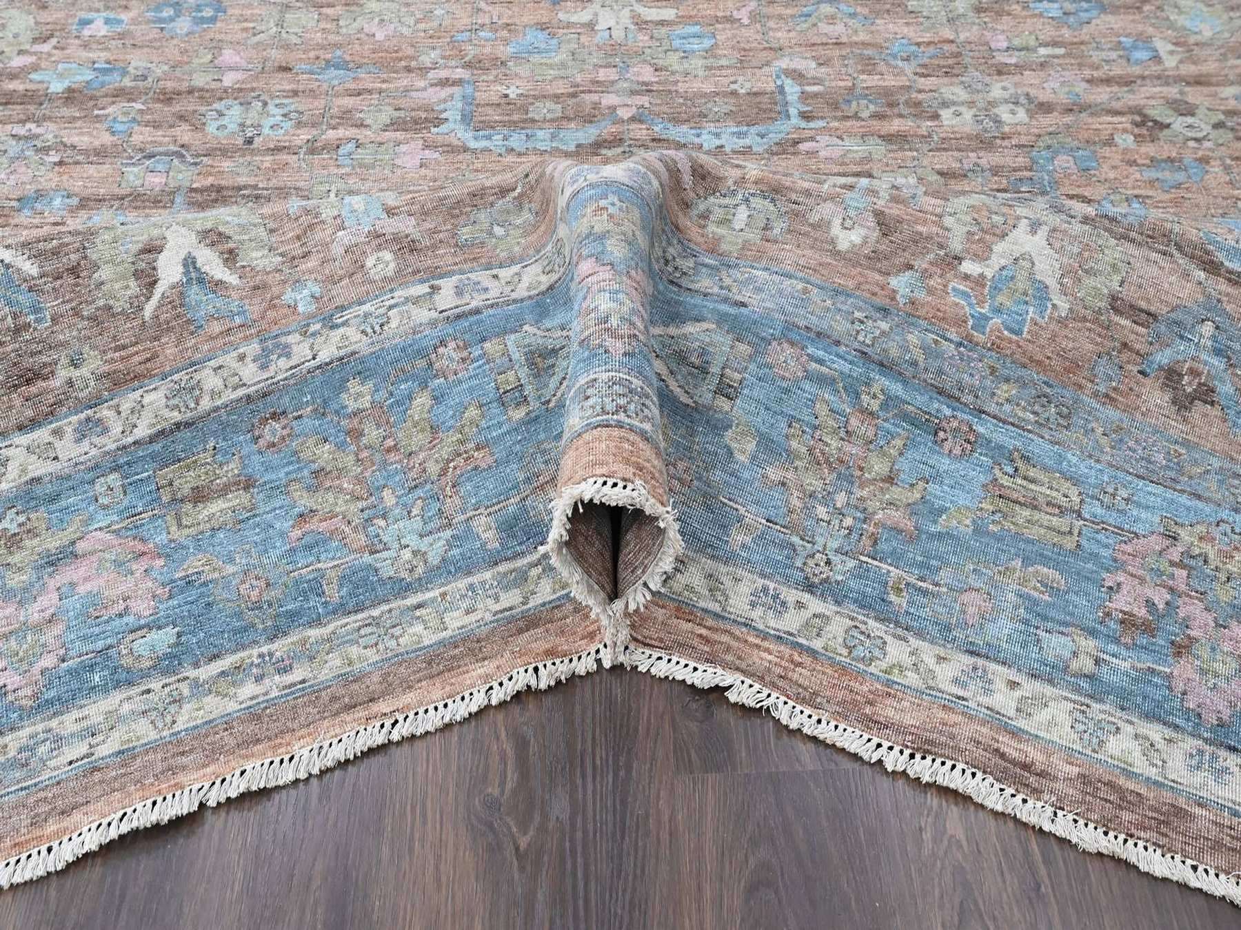 9'x11'9" Mocha Brown, Antiqued Persian Heriz All Over Design, Vegetable Dyes, Distressed, Shaved Low, Zero Pile, Hand Knotted, 100% Wool, Oriental Rug HR10550 - Image 5