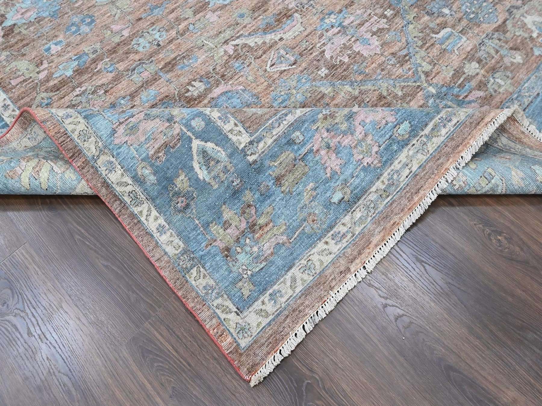 9'x11'9" Mocha Brown, Antiqued Persian Heriz All Over Design, Vegetable Dyes, Distressed, Shaved Low, Zero Pile, Hand Knotted, 100% Wool, Oriental Rug HR10550 - Image 6