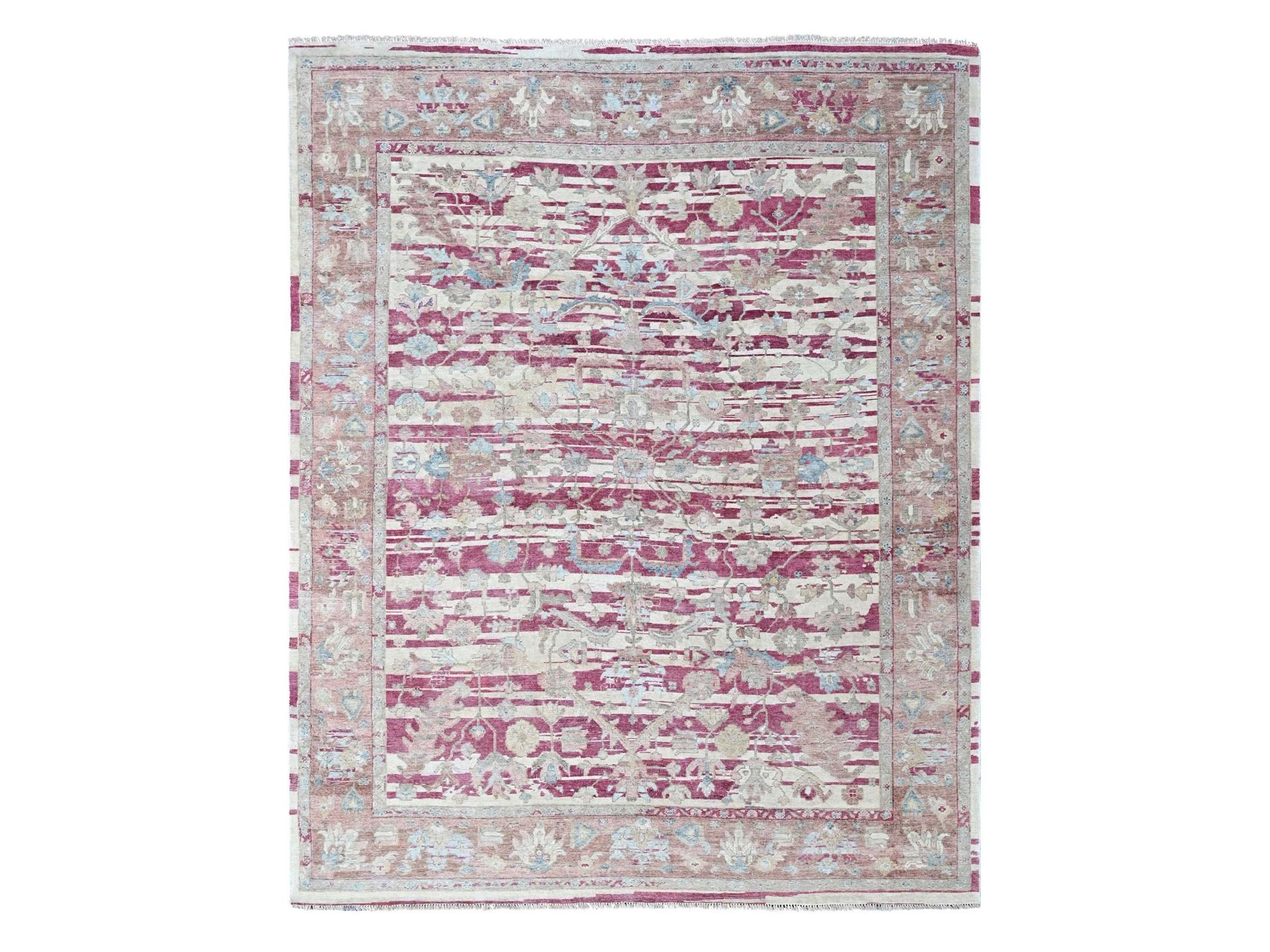 7'8"x9'9" Wine Red, Antiqued Persian Heriz All Over Design with Distinct Abrash, Distressed, Sheared Low, Vegetable Dyes, Zero Pile, Hand Knotted, 100% Wool, Oriental Rug HR10551