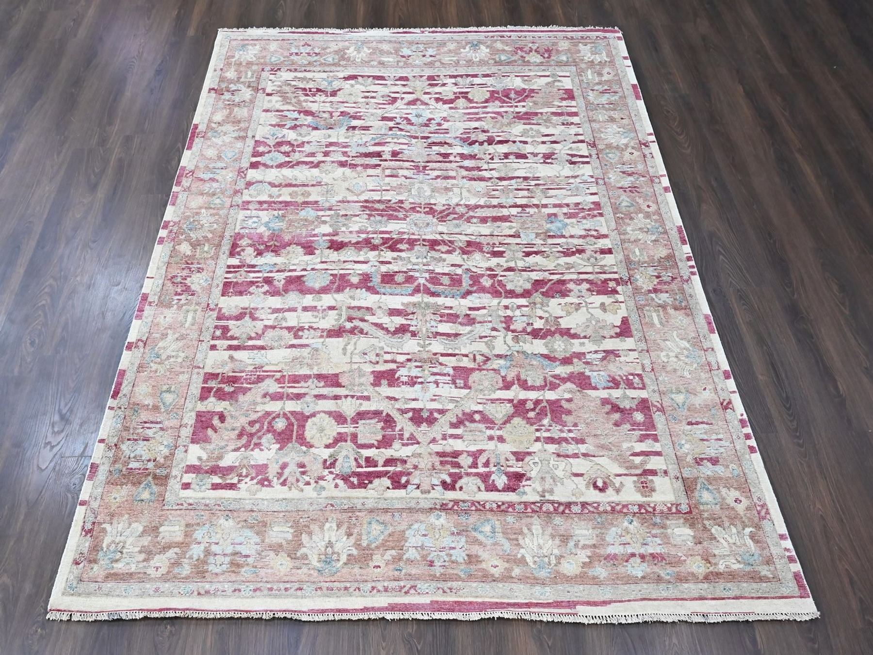 7'8"x9'9" Wine Red, Antiqued Persian Heriz All Over Design with Distinct Abrash, Distressed, Sheared Low, Vegetable Dyes, Zero Pile, Hand Knotted, 100% Wool, Oriental Rug HR10551 - Image 2