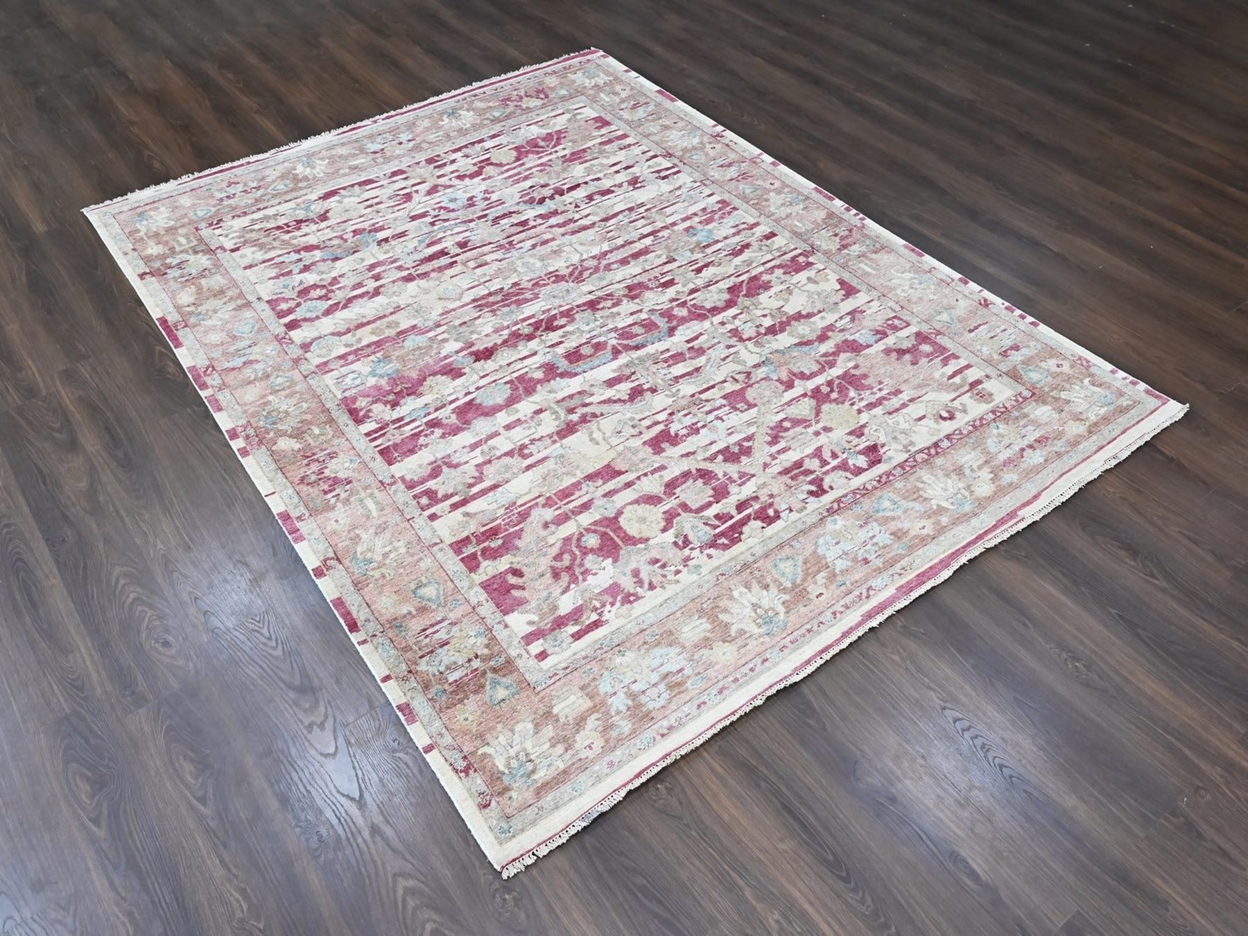 7'8"x9'9" Wine Red, Antiqued Persian Heriz All Over Design with Distinct Abrash, Distressed, Sheared Low, Vegetable Dyes, Zero Pile, Hand Knotted, 100% Wool, Oriental Rug HR10551 - Image 3