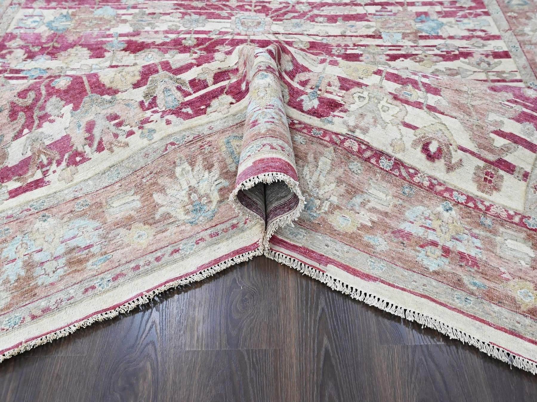7'8"x9'9" Wine Red, Antiqued Persian Heriz All Over Design with Distinct Abrash, Distressed, Sheared Low, Vegetable Dyes, Zero Pile, Hand Knotted, 100% Wool, Oriental Rug HR10551 - Image 5