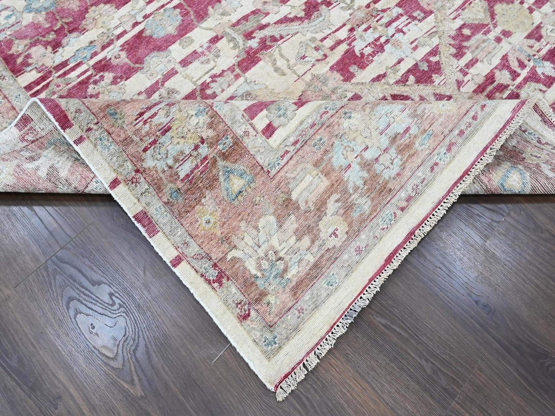 7'8"x9'9" Wine Red, Antiqued Persian Heriz All Over Design with Distinct Abrash, Distressed, Sheared Low, Vegetable Dyes, Zero Pile, Hand Knotted, 100% Wool, Oriental Rug HR10551 - Image 6
