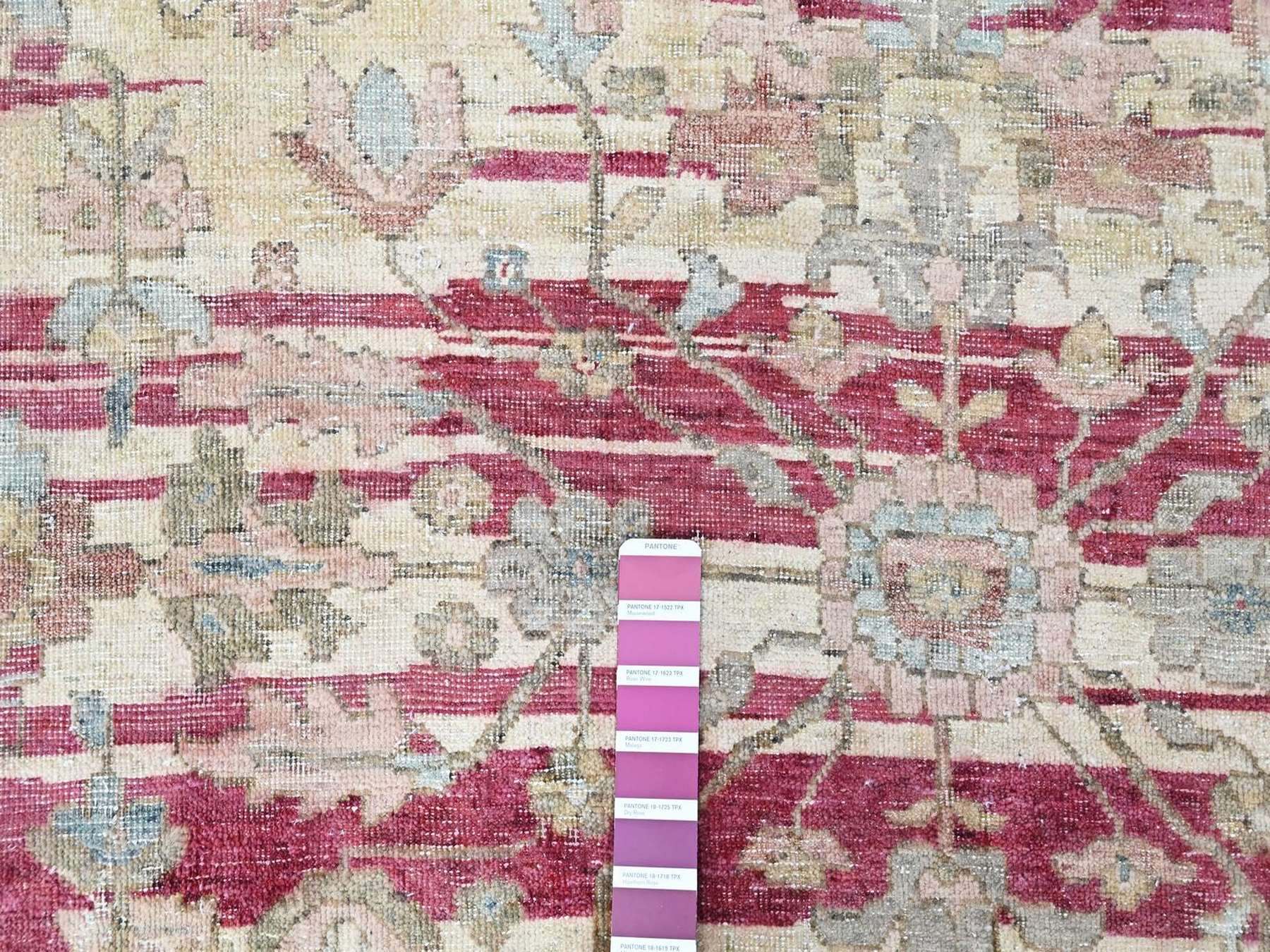 7'8"x9'9" Wine Red, Antiqued Persian Heriz All Over Design with Distinct Abrash, Distressed, Sheared Low, Vegetable Dyes, Zero Pile, Hand Knotted, 100% Wool, Oriental Rug HR10551 - Image 7