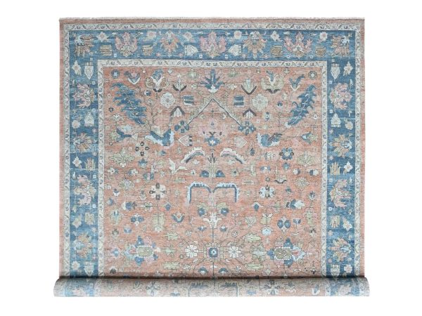 9'10"x13'9" Peach Color, Antiqued Persian Heriz All Over Design, Vegetable Dyes, Distressed, Shaved Low, Zero Pile, Hand Knotted, 100% Wool, Oriental Rug HR10552