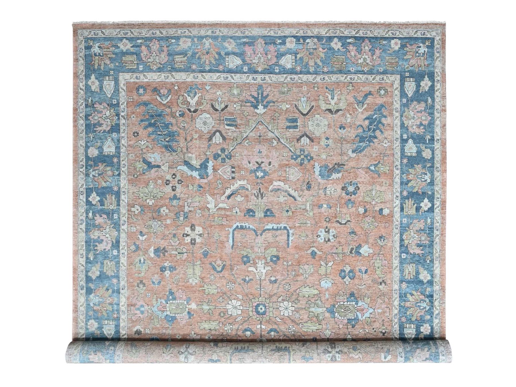 9'10"x13'9" Peach Color, Antiqued Persian Heriz All Over Design, Vegetable Dyes, Distressed, Shaved Low, Zero Pile, Hand Knotted, 100% Wool, Oriental Rug HR10552