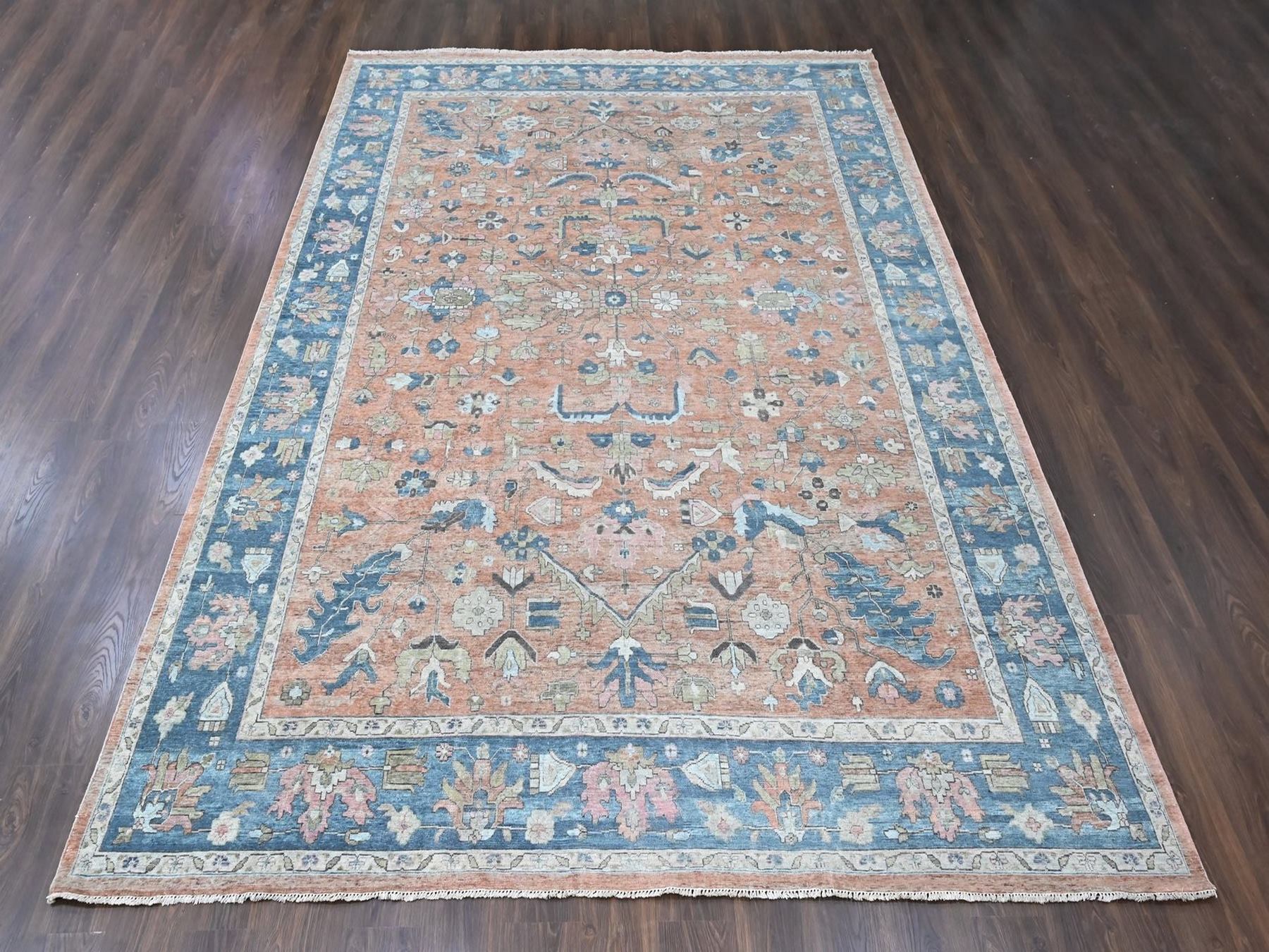 9'10"x13'9" Peach Color, Antiqued Persian Heriz All Over Design, Vegetable Dyes, Distressed, Shaved Low, Zero Pile, Hand Knotted, 100% Wool, Oriental Rug HR10552 - Image 2
