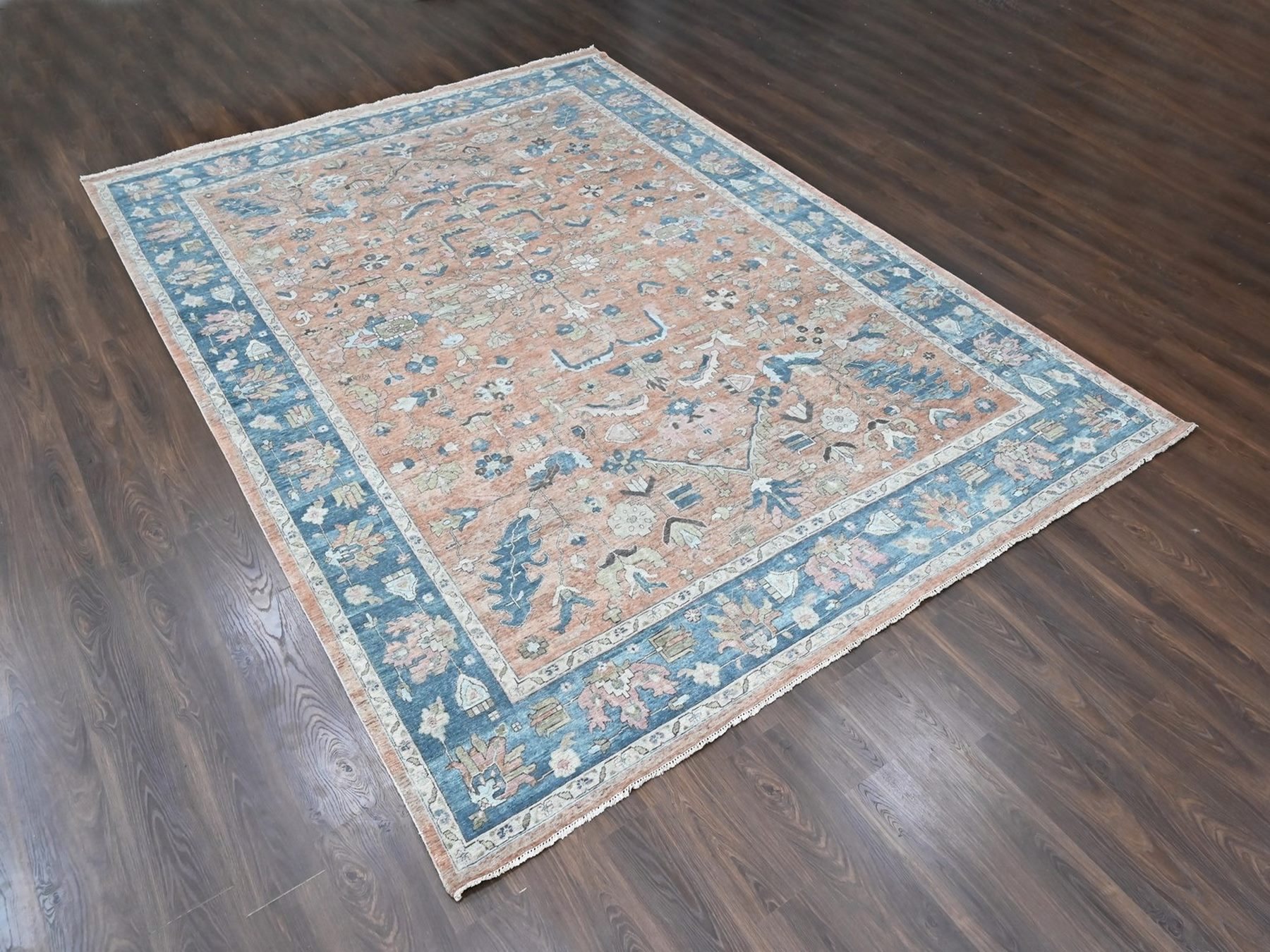 9'10"x13'9" Peach Color, Antiqued Persian Heriz All Over Design, Vegetable Dyes, Distressed, Shaved Low, Zero Pile, Hand Knotted, 100% Wool, Oriental Rug HR10552 - Image 3