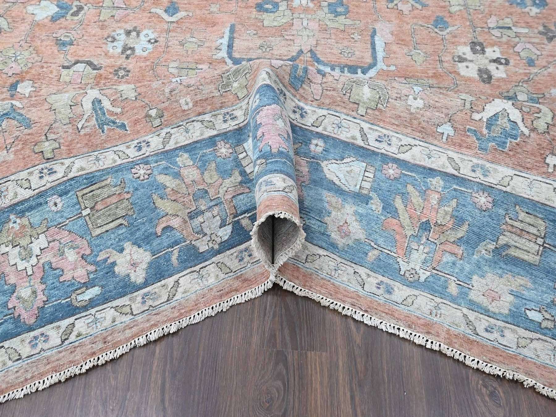 9'10"x13'9" Peach Color, Antiqued Persian Heriz All Over Design, Vegetable Dyes, Distressed, Shaved Low, Zero Pile, Hand Knotted, 100% Wool, Oriental Rug HR10552 - Image 5