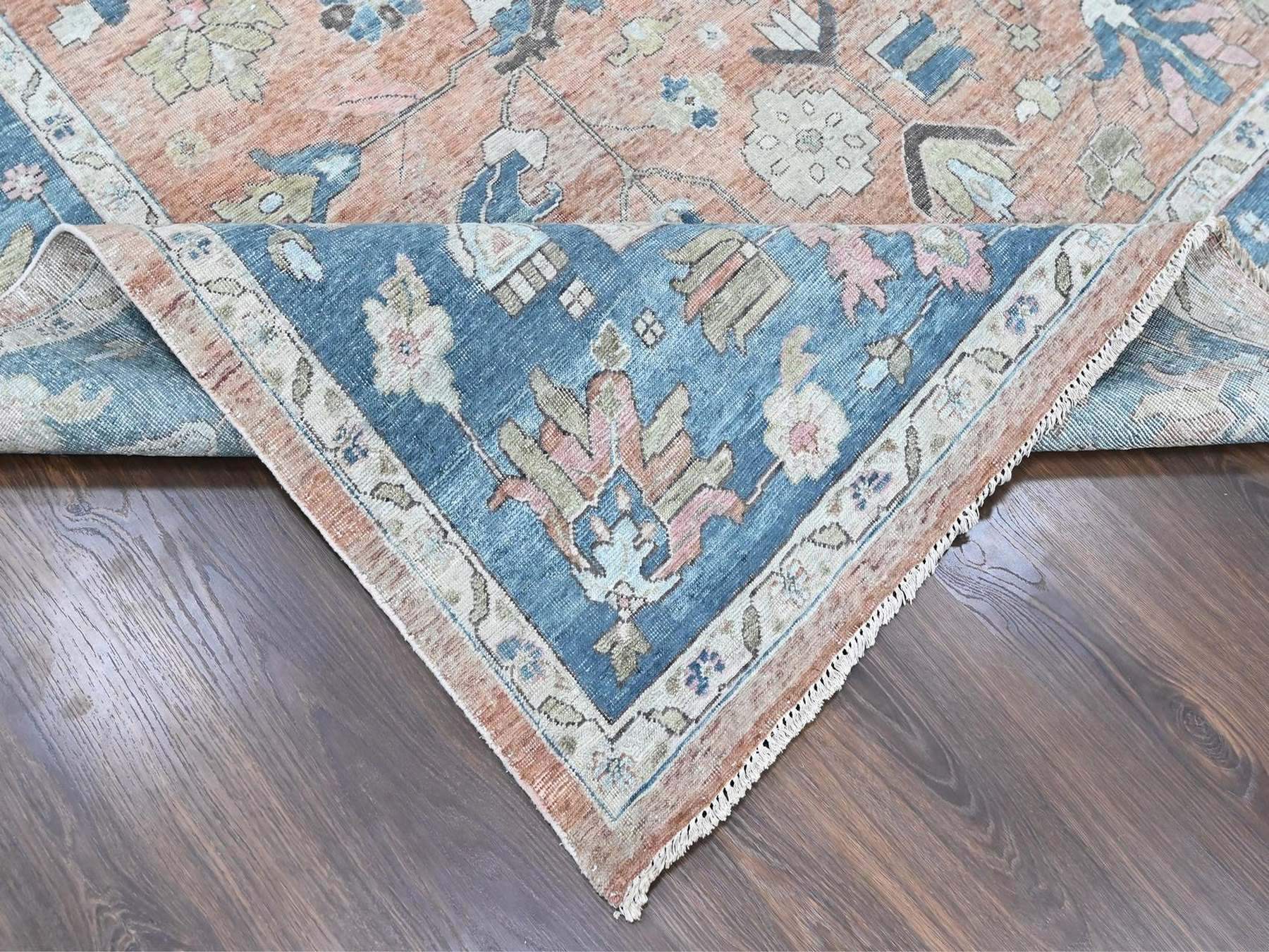 9'10"x13'9" Peach Color, Antiqued Persian Heriz All Over Design, Vegetable Dyes, Distressed, Shaved Low, Zero Pile, Hand Knotted, 100% Wool, Oriental Rug HR10552 - Image 6