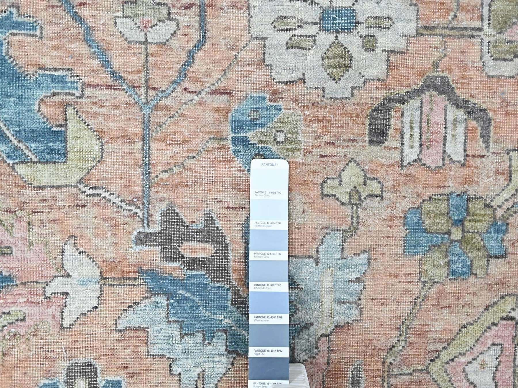 9'10"x13'9" Peach Color, Antiqued Persian Heriz All Over Design, Vegetable Dyes, Distressed, Shaved Low, Zero Pile, Hand Knotted, 100% Wool, Oriental Rug HR10552 - Image 7
