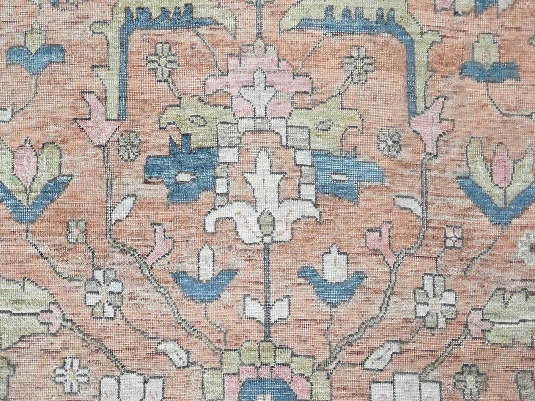 9'10"x13'9" Peach Color, Antiqued Persian Heriz All Over Design, Vegetable Dyes, Distressed, Shaved Low, Zero Pile, Hand Knotted, 100% Wool, Oriental Rug HR10552 - Image 8