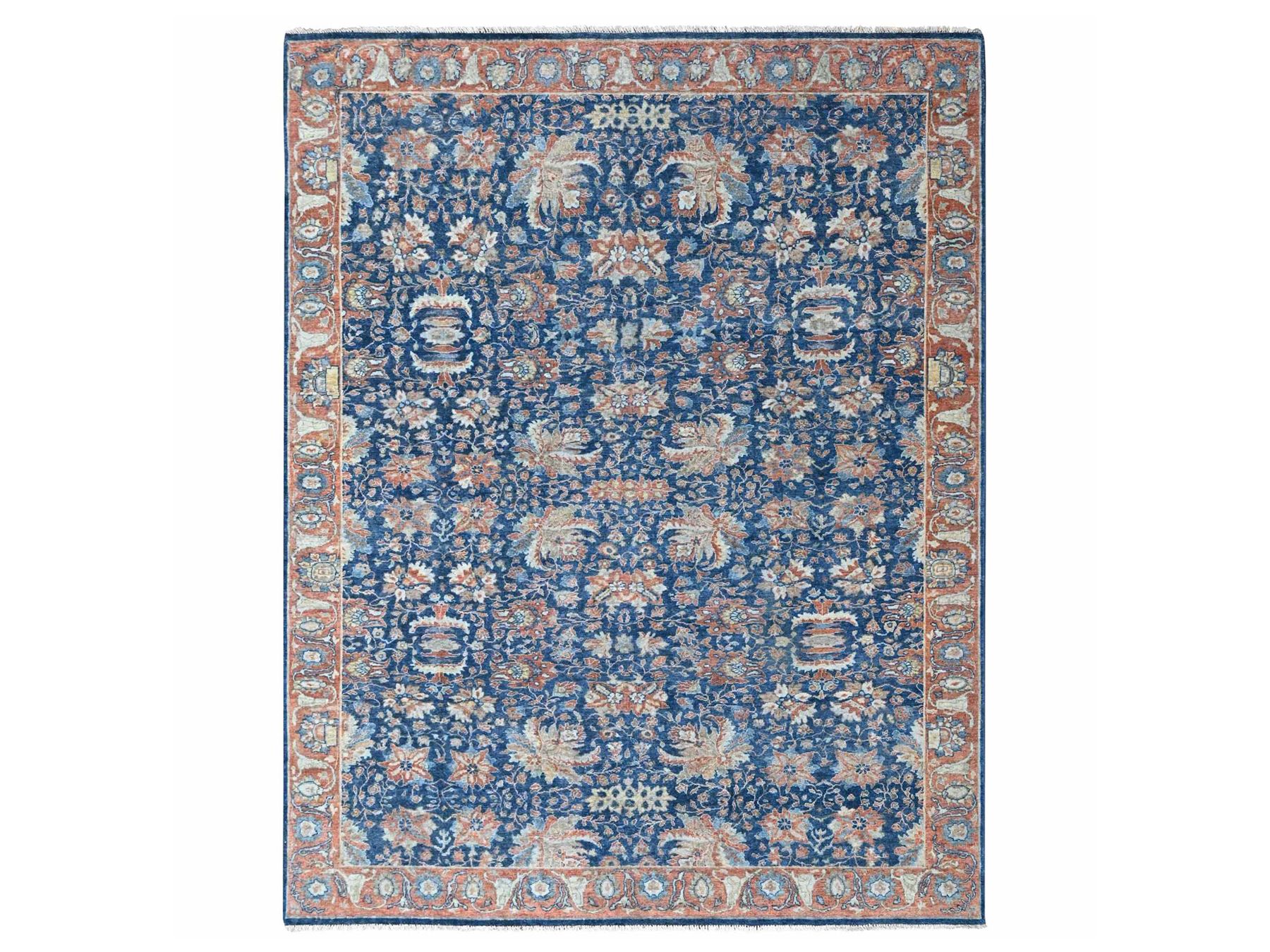 9'x11'10" Imperial Blue, Antiqued Persian Sultanabad Design, Zero Pile, Sheared Low, Vegetable Dyes, Hand Knotted, 100% Wool, Oriental Rug HR10556