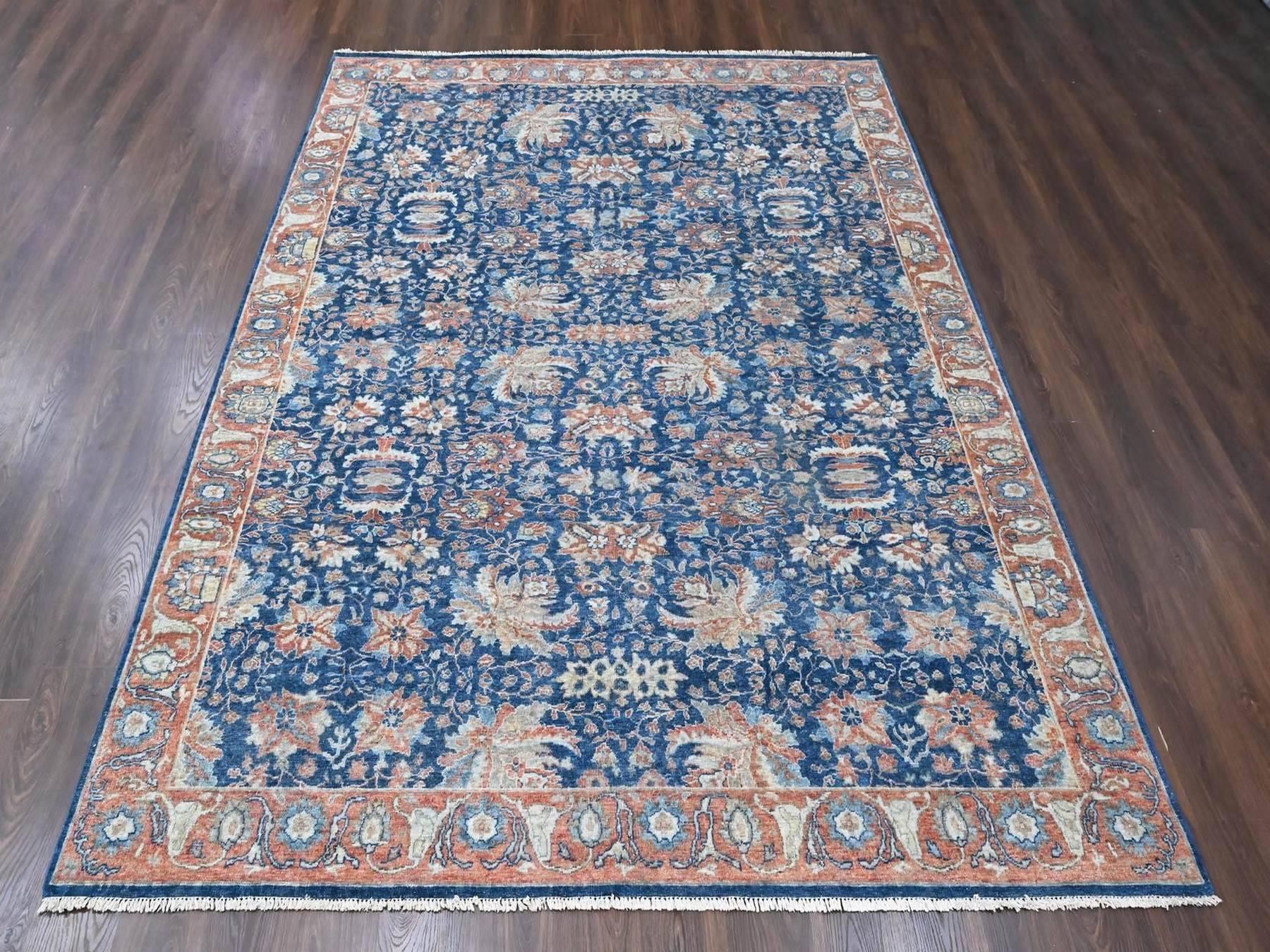 9'x11'10" Imperial Blue, Antiqued Persian Sultanabad Design, Zero Pile, Sheared Low, Vegetable Dyes, Hand Knotted, 100% Wool, Oriental Rug HR10556 - Image 2
