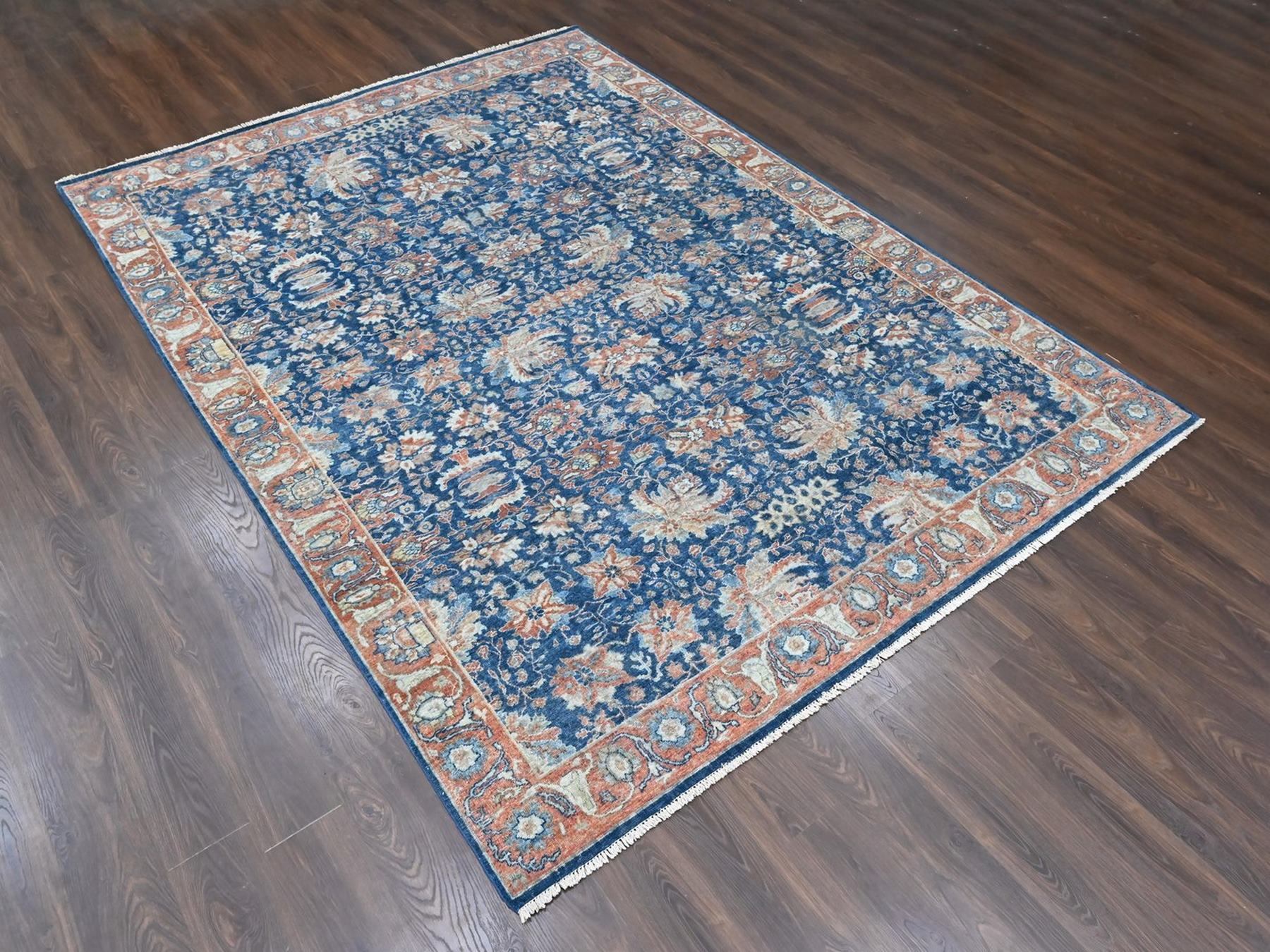 9'x11'10" Imperial Blue, Antiqued Persian Sultanabad Design, Zero Pile, Sheared Low, Vegetable Dyes, Hand Knotted, 100% Wool, Oriental Rug HR10556 - Image 3