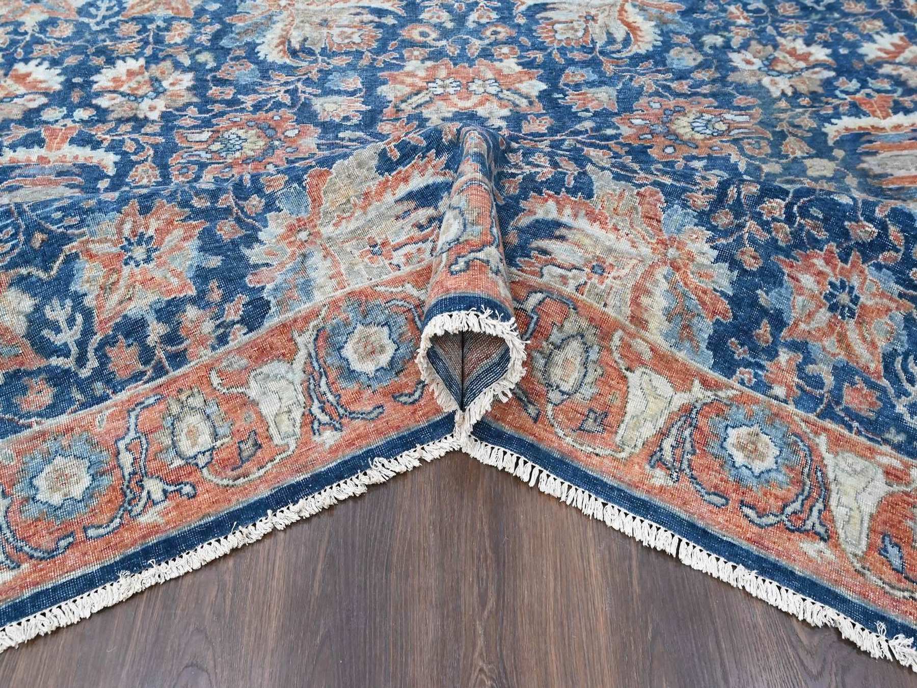 9'x11'10" Imperial Blue, Antiqued Persian Sultanabad Design, Zero Pile, Sheared Low, Vegetable Dyes, Hand Knotted, 100% Wool, Oriental Rug HR10556 - Image 5