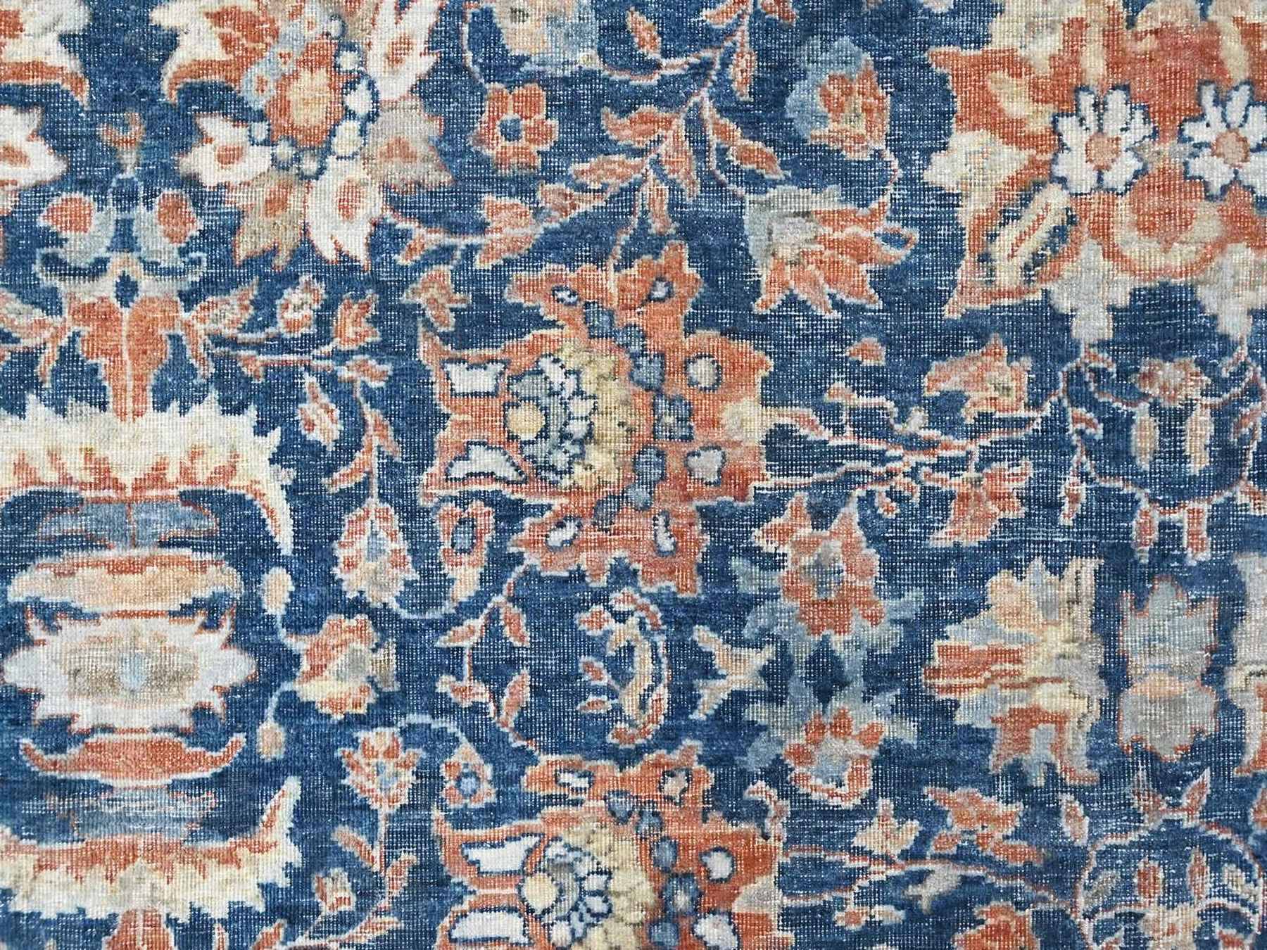 9'x11'10" Imperial Blue, Antiqued Persian Sultanabad Design, Zero Pile, Sheared Low, Vegetable Dyes, Hand Knotted, 100% Wool, Oriental Rug HR10556 - Image 8