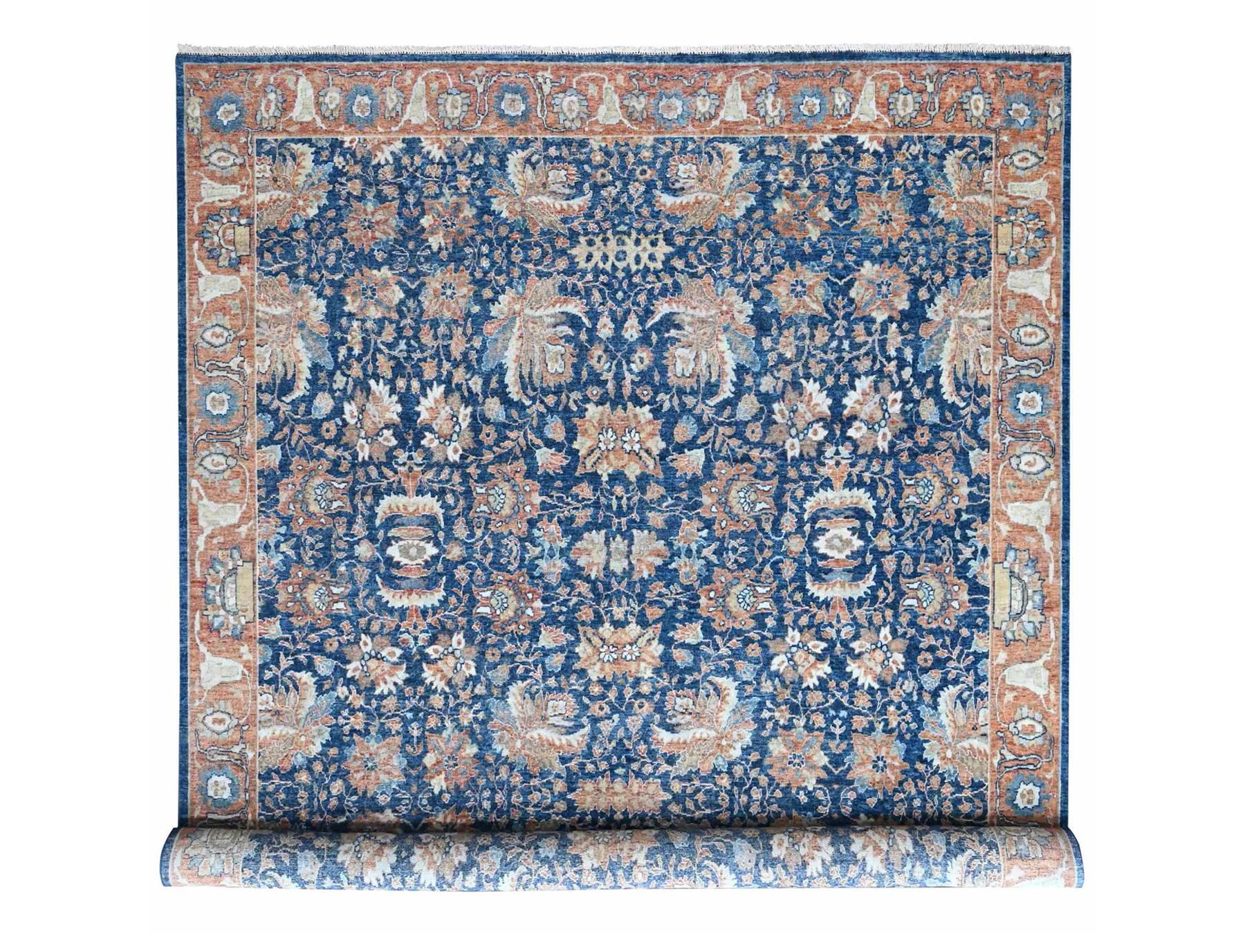 10'3"x13'10" Imperial Blue, Hand Knotted, Antiqued Persian Sultanabad Design, Vegetable Dyes, Zero Pile, Sheared Low, 100% Wool, Oriental Rug HR10557